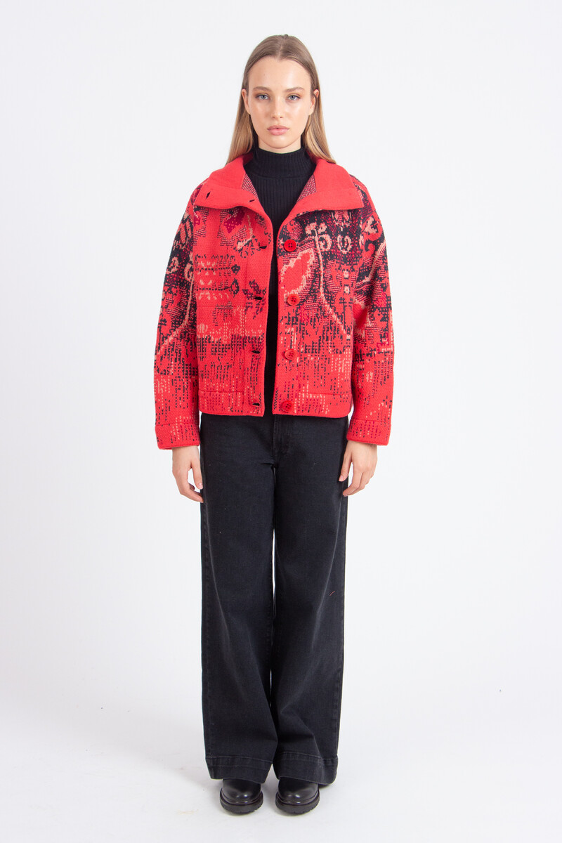 IVKO - Jacquard Roll-Neck Jacket Kilim Pattern Coral | Ungefütterte Korallenrote IVKO Jacke aus Wollmischung