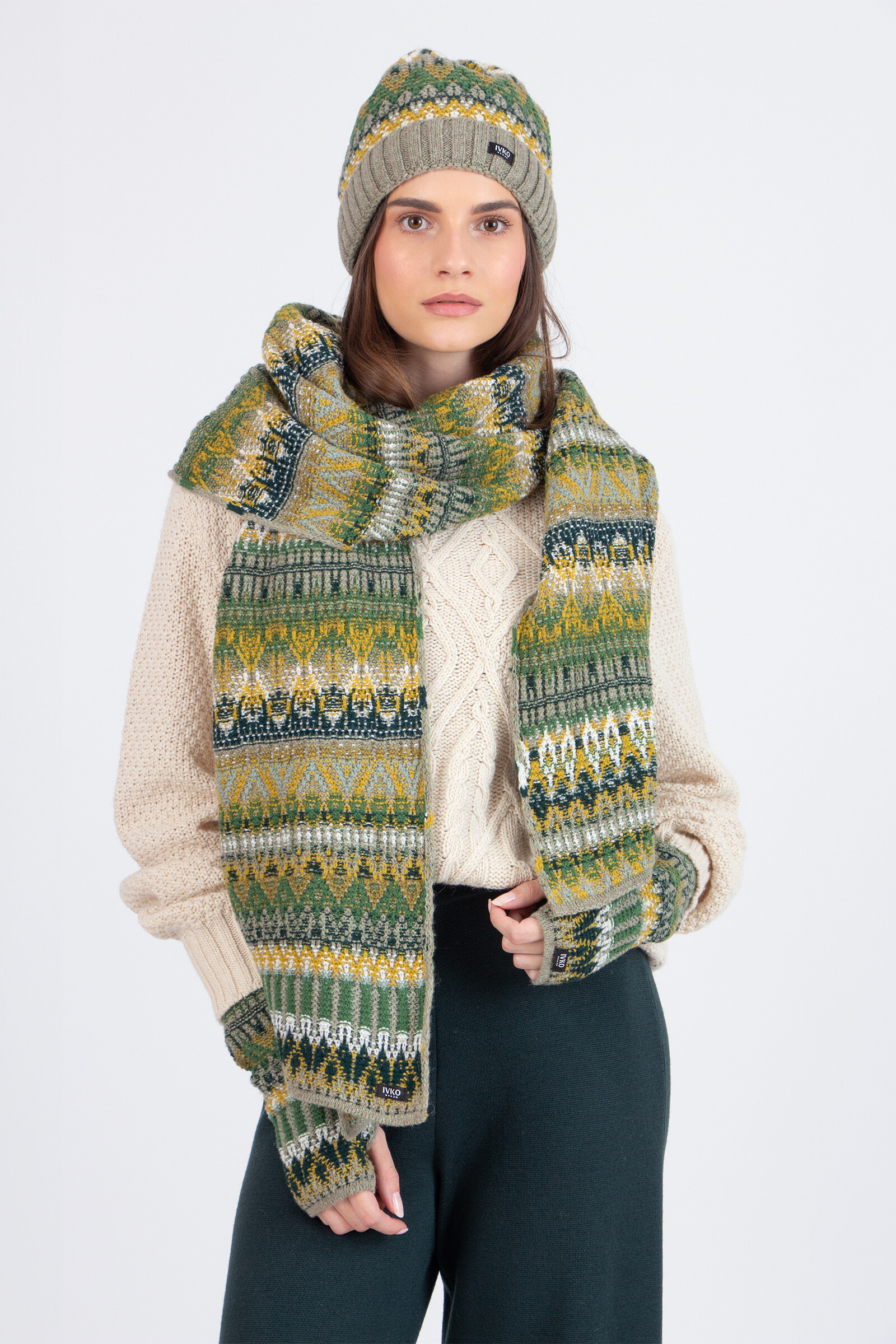 IVKO  Woman IVKO - Scarf Re-Dandy Pattern Salvia | Elegante Groene Wollen Sjaal