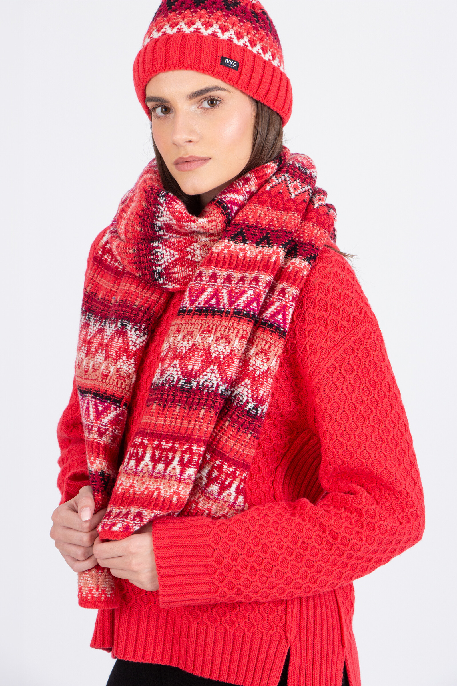 IVKO  Woman IVKO - Scarf Re-Dandy Pattern Coral | Elegant Coral Red Wool Scarf