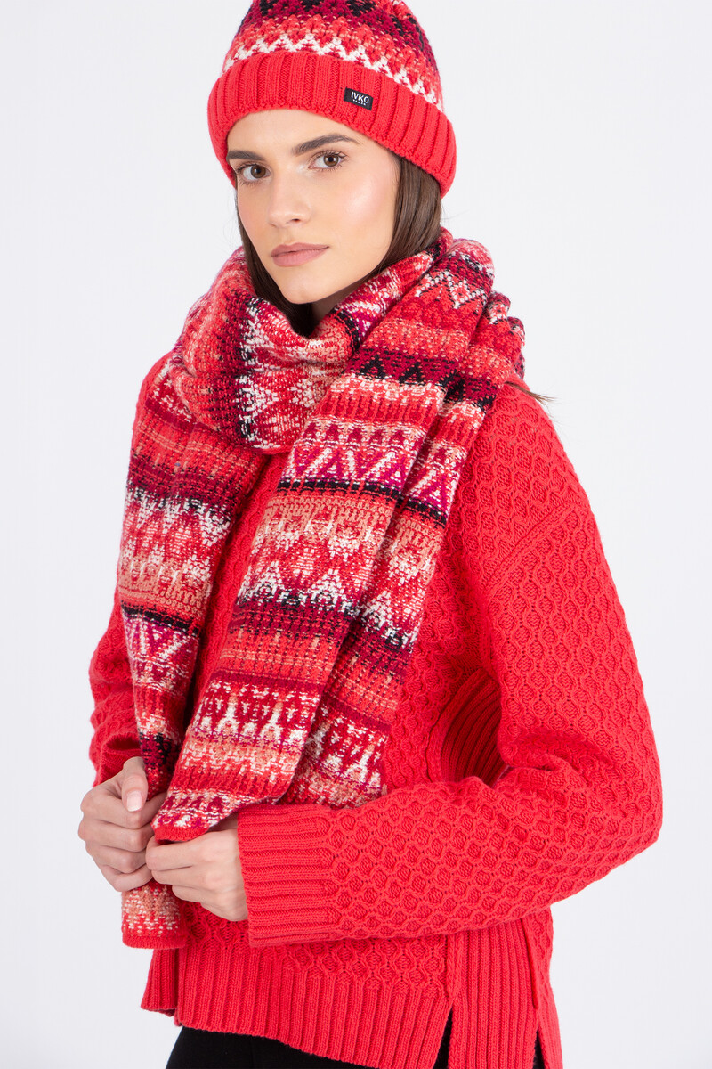 IVKO - Scarf Re-Dandy Pattern Coral | Écharpe Élégante en Laine Rouge Corail