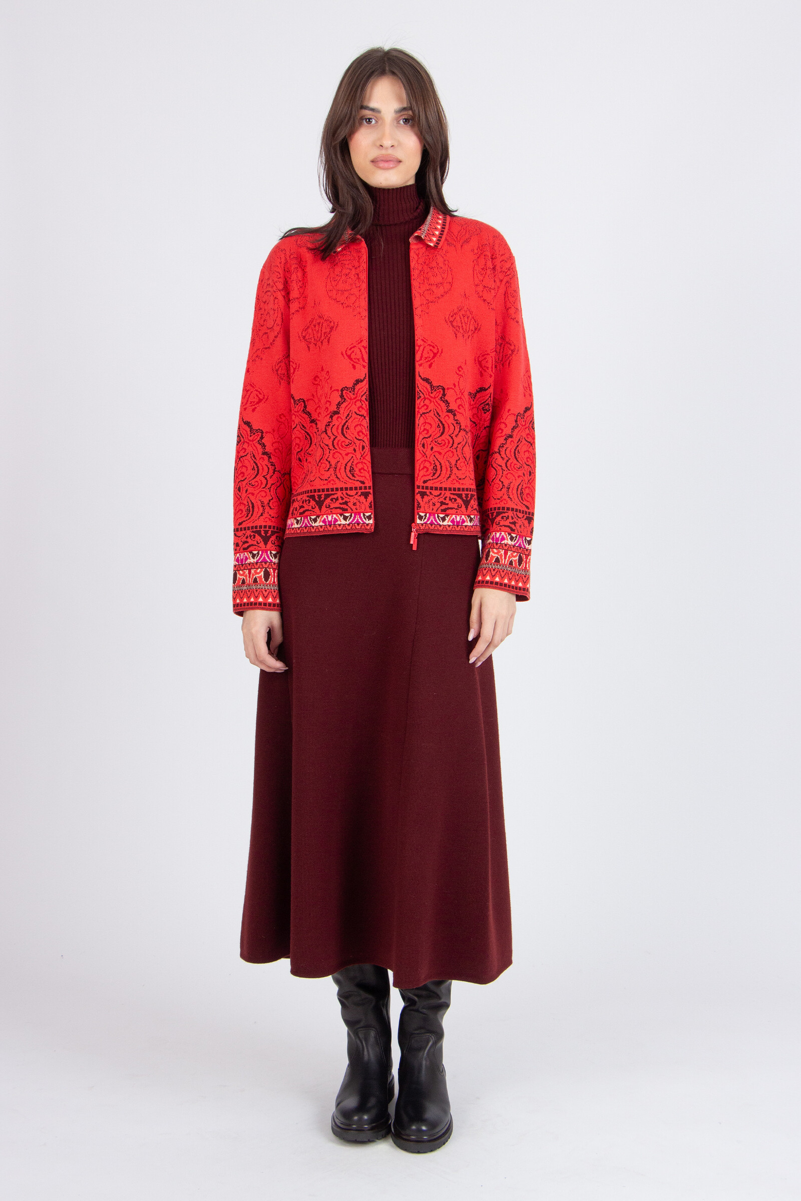 IVKO  Woman IVKO - Jacquard Jacket Ornament Pattern Coral | Außergewöhnlich Schöne IVKO Jacke aus 100% Wolle