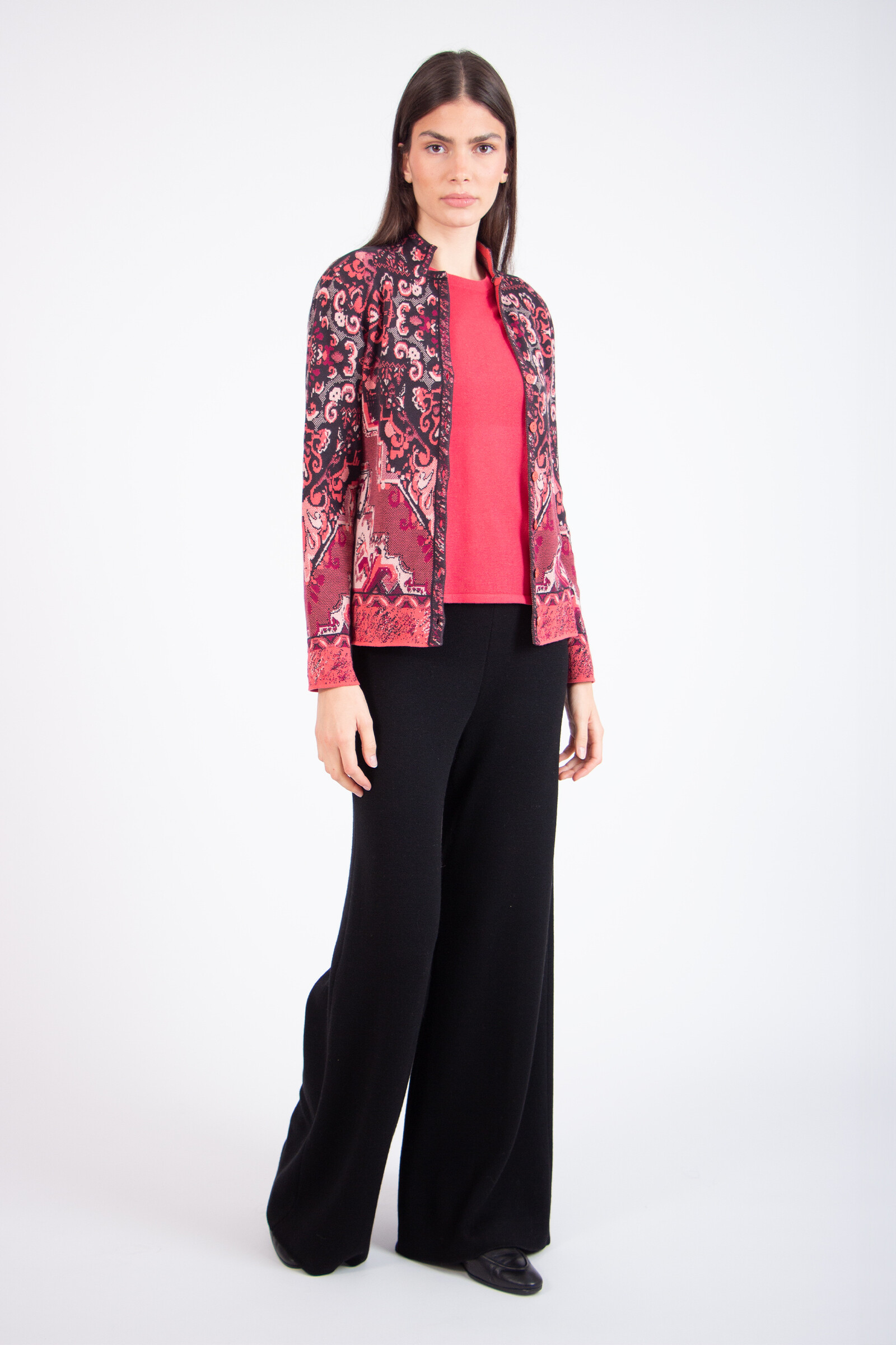 IVKO  Woman IVKO - Jacquard Cardigan Kilim Pattern Coral | Attraktive IVKO Strickjacke aus Baumwolle