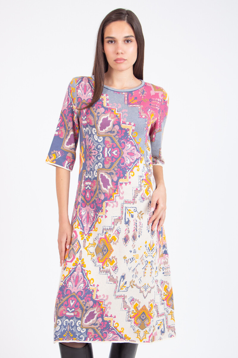 IVKO - Jacquard Dress Kilim Pattern Off-White | Gestricktes Baumwollkleid Off-White mit Reißverschluss