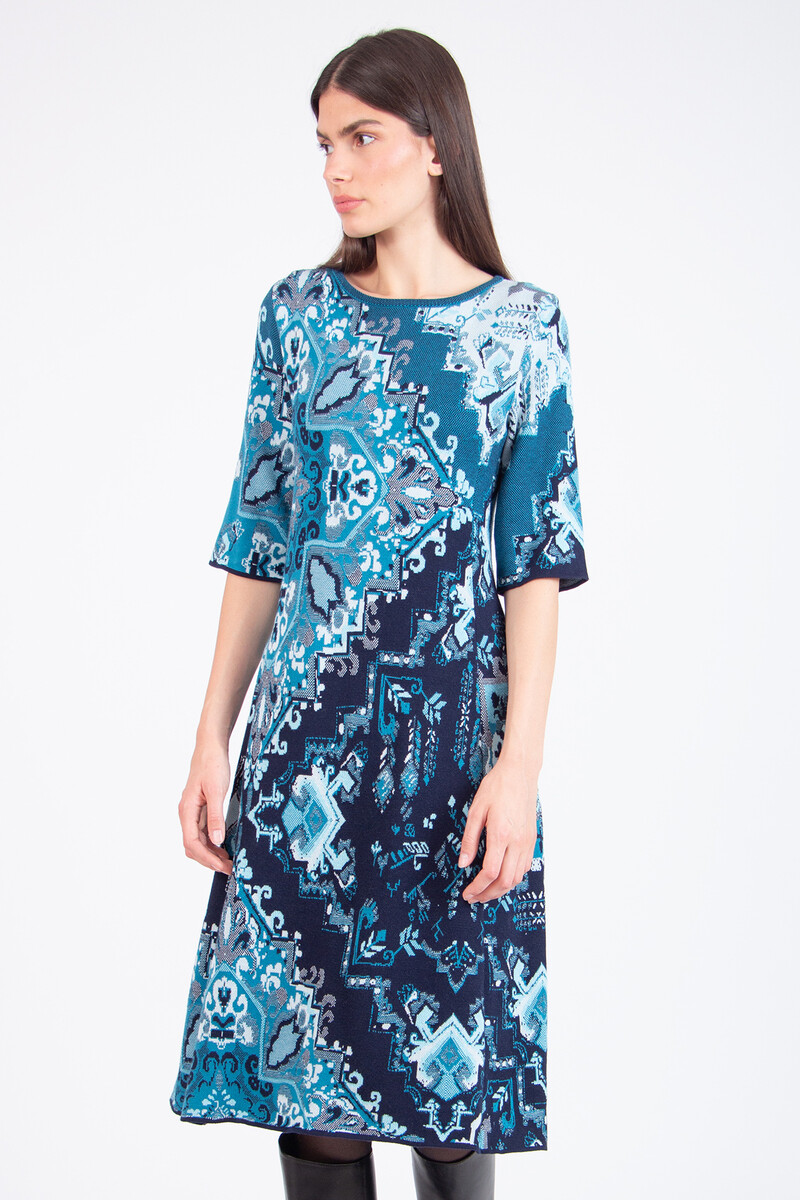 IVKO - Jacquard Dress Kilim Pattern Marine | Gestricktes Baumwollkleid Blau mit Reißverschluss