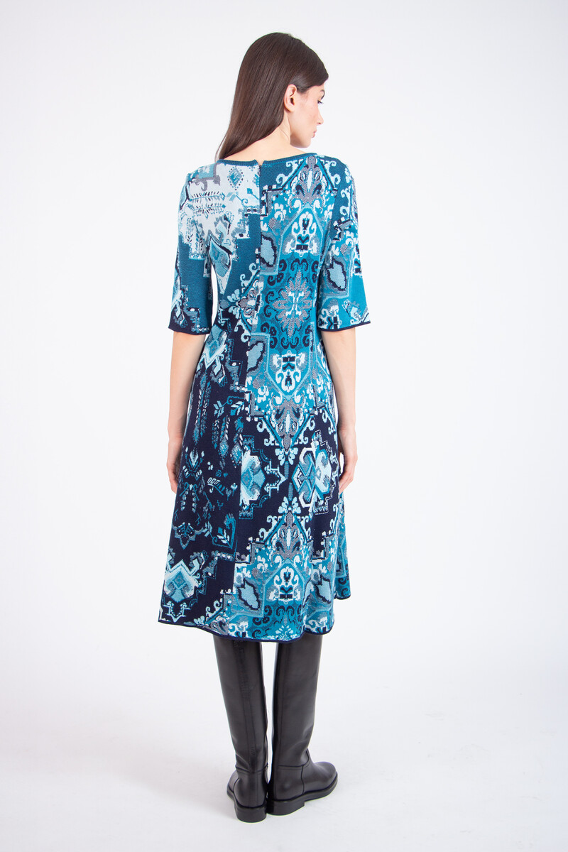 IVKO - Jacquard Dress Kilim Pattern Marine | Gestricktes Baumwollkleid Blau mit Reißverschluss
