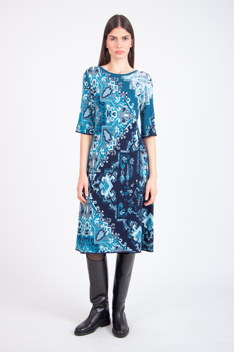 IVKO - Jacquard Dress Kilim Pattern Marine | Gestricktes Baumwollkleid Blau mit Reißverschluss