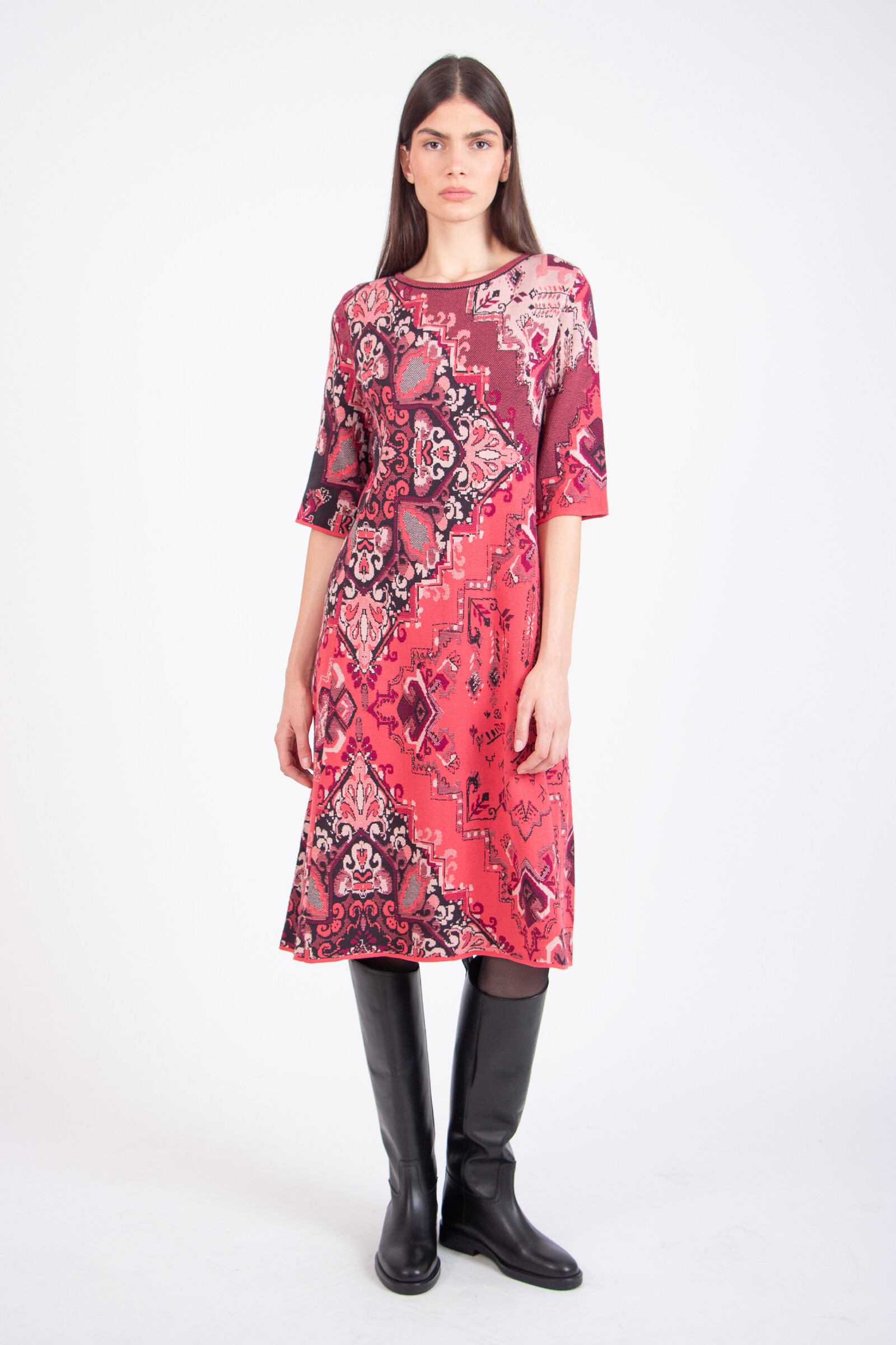 IVKO  Woman IVKO - Jacquard Dress Kilim Pattern Coral | Robe Femme en Coton Maille Rouge Corail avec Fermeture Éclair
