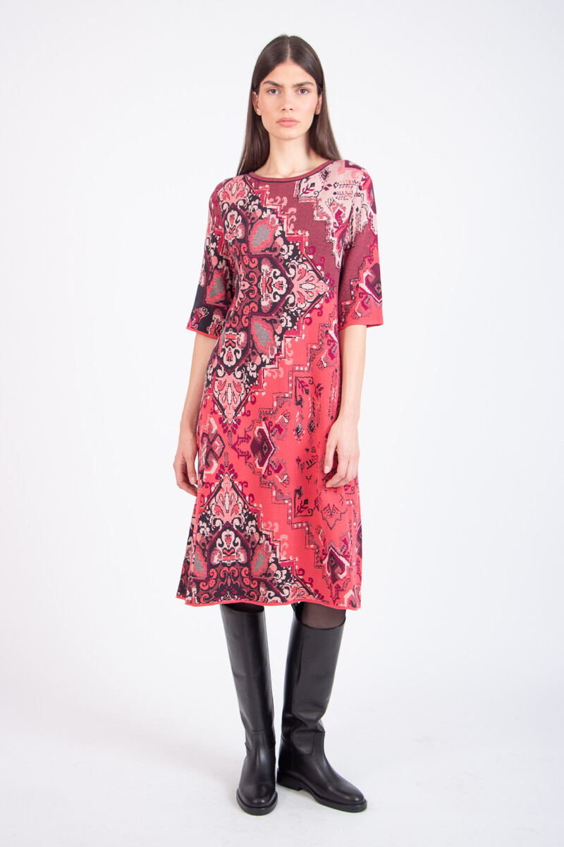 IVKO - Jacquard Dress Kilim Pattern Coral | Women’s Knitted Cotton Dress Coral Red with Zipper