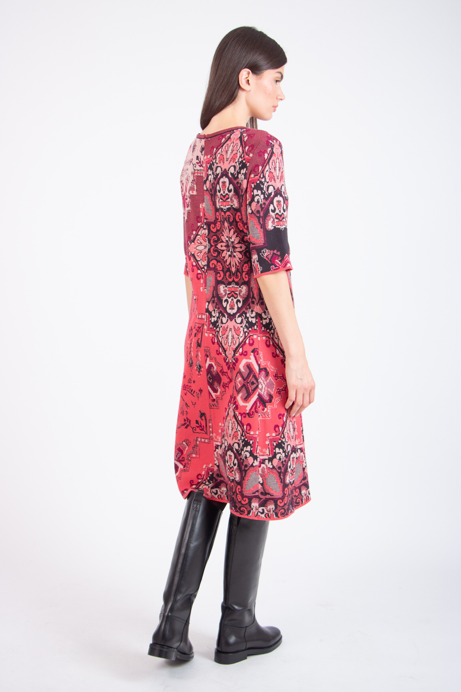 IVKO  Woman IVKO - Jacquard Dress Kilim Pattern Coral | Robe Femme en Coton Maille Rouge Corail avec Fermeture Éclair