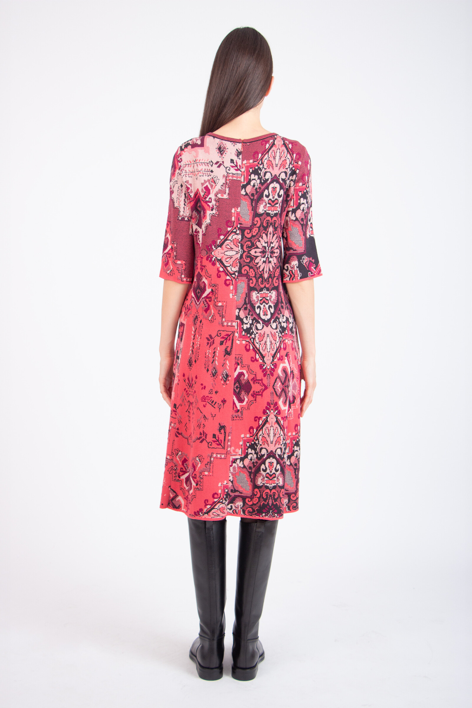 IVKO  Woman IVKO - Jacquard Dress Kilim Pattern Coral | Robe Femme en Coton Maille Rouge Corail avec Fermeture Éclair