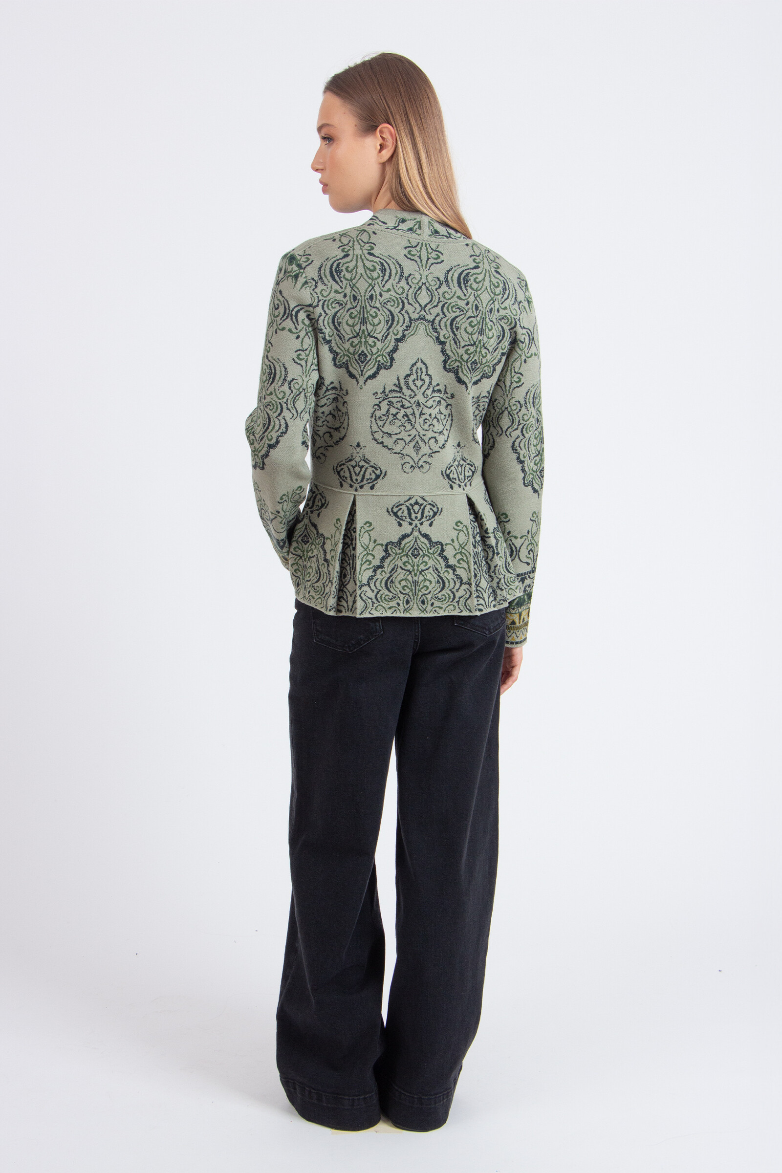 IVKO  Woman IVKO - Jacquard Cardigan Ornament Pattern Salvia | Geraffineerd IVKO Vest van Wol met Ornamentpatroon
