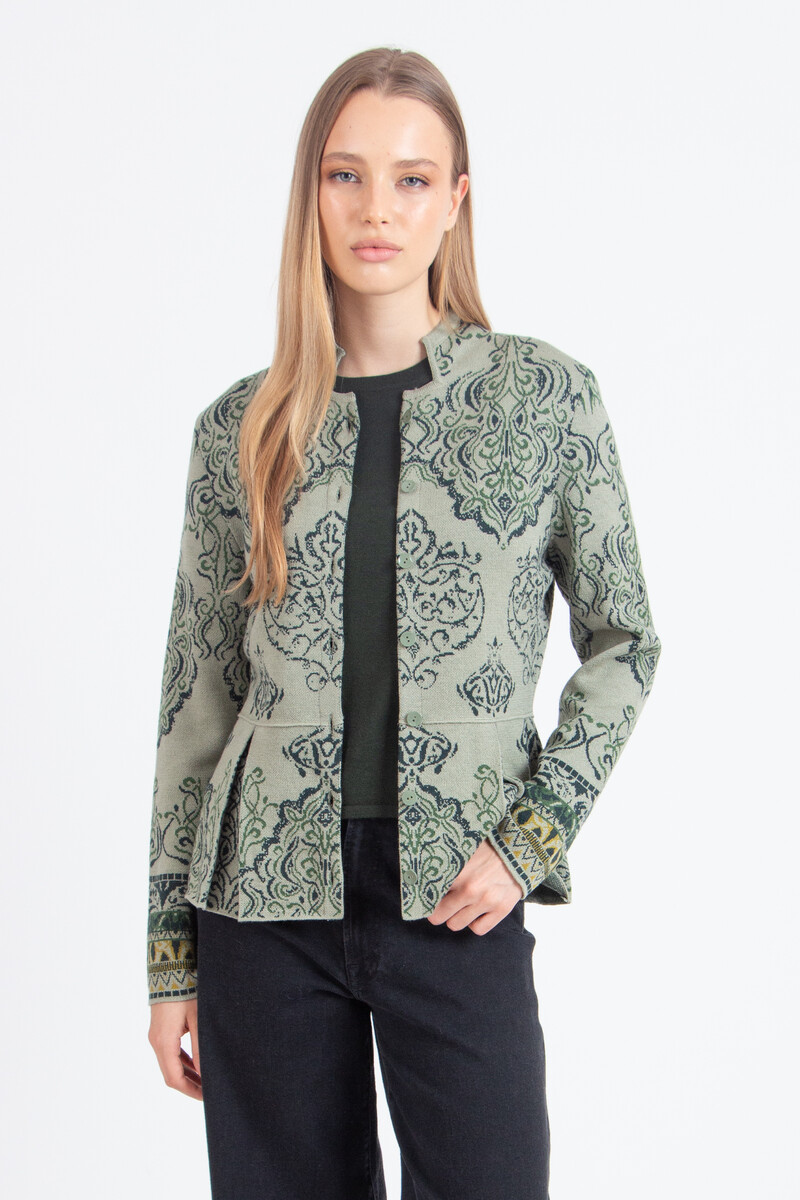 IVKO - Jacquard Cardigan Ornament Pattern Salvia | Geraffineerd IVKO Vest van Wol met Ornamentpatroon