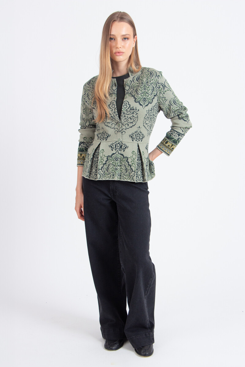 IVKO - Jacquard Cardigan Ornament Pattern Salvia | Geraffineerd IVKO Vest van Wol met Ornamentpatroon