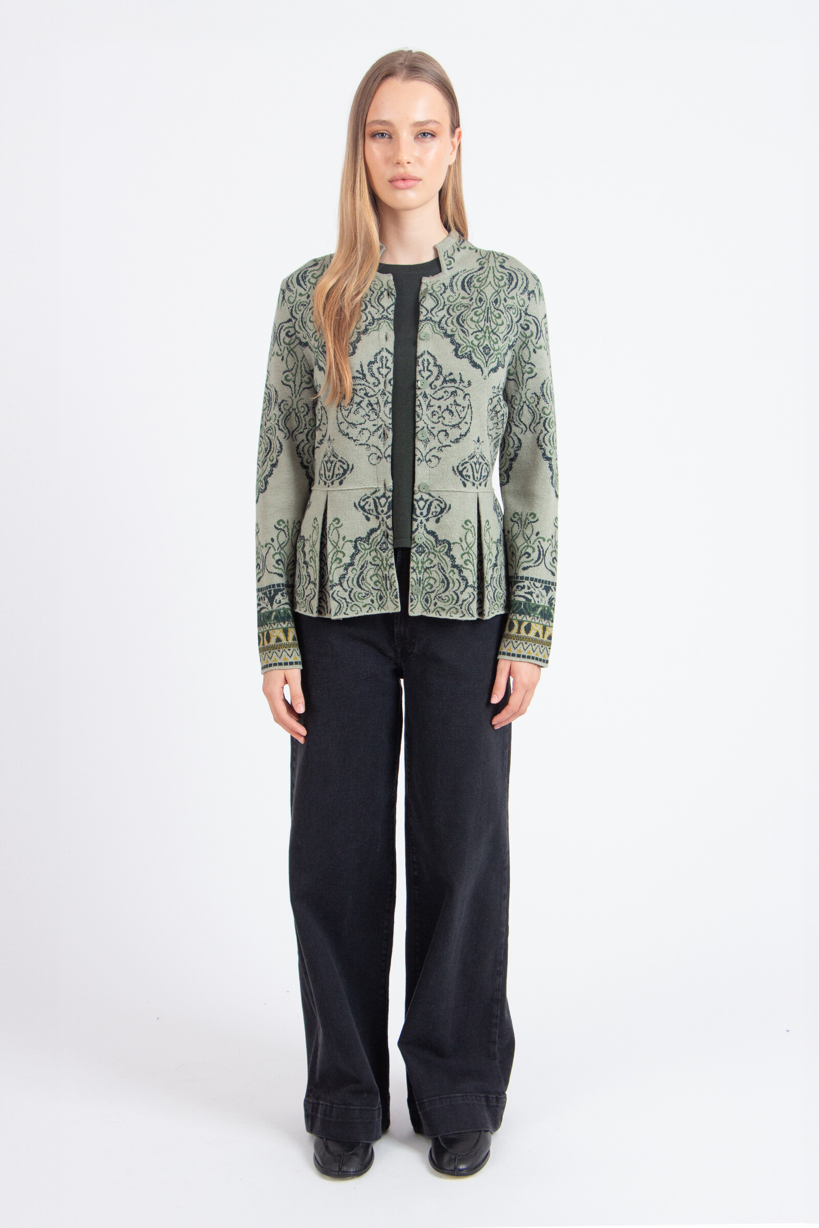 IVKO  Woman IVKO - Jacquard Cardigan Ornament Pattern Salvia | Geraffineerd IVKO Vest van Wol met Ornamentpatroon