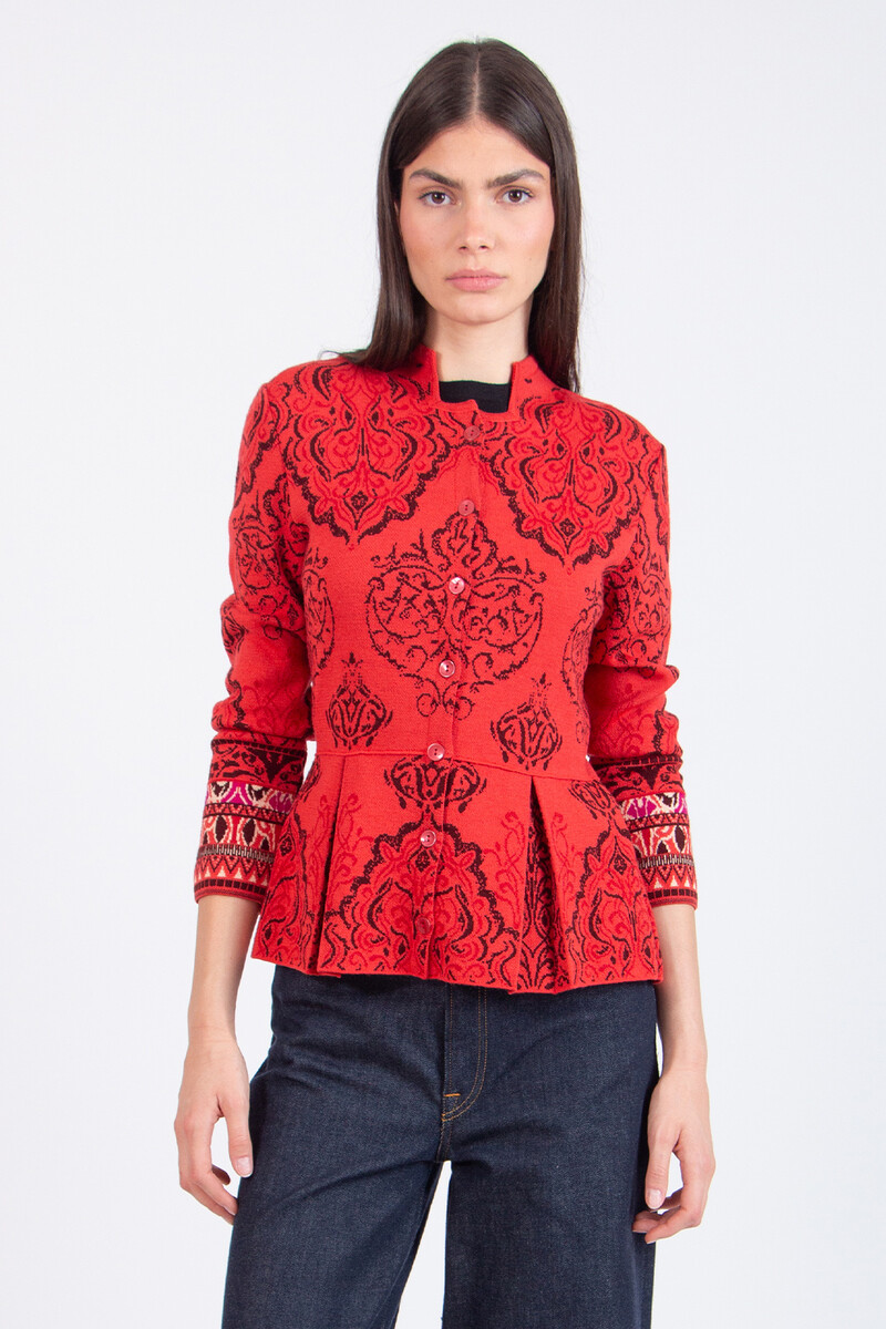 IVKO - Jacquard Cardigan Ornament Pattern Coral | Indrukwekkend IVKO Vest van Wol met Ornamentpatroon