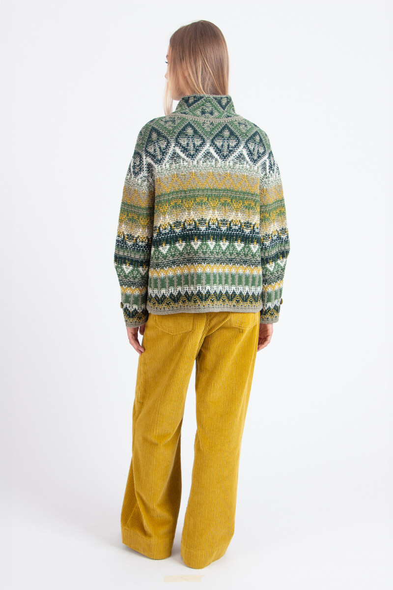 IVKO - Jacquard Roll-Neck Jacket Re-Dandy Pattern Salvia | Zu Tragen als Übergangsjacke und als Strickjacke