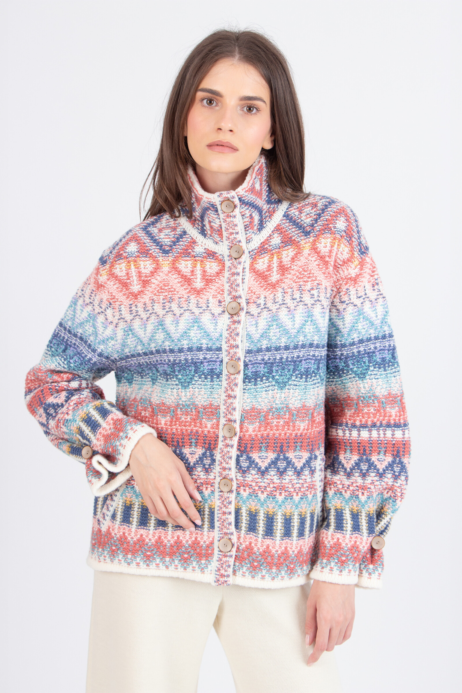 IVKO  Woman IVKO - Jacquard Roll-Neck Jacket Re-Dandy Pattern Off-White | To Be Worn as Between-Season Jacket and as Cardigan