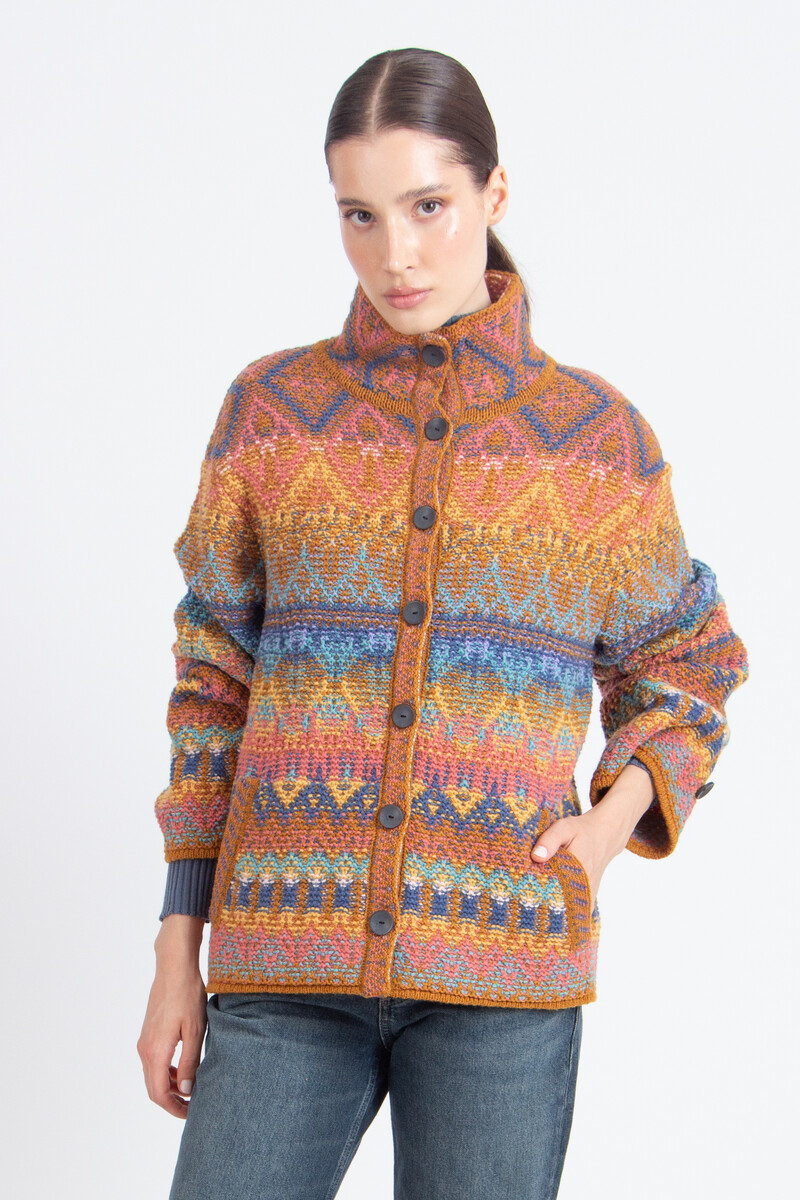 IVKO - Jacquard Roll-Neck Jacket Re-Dandy Pattern Almond | À Porter comme Veste Mi-Saison et Comme Gilet