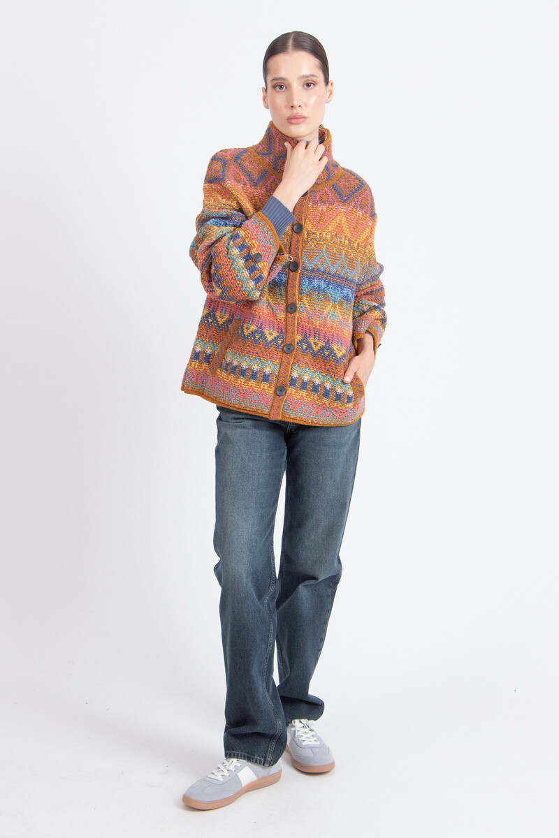 IVKO - Jacquard Roll-Neck Jacket Re-Dandy Pattern Almond | À Porter comme Veste Mi-Saison et Comme Gilet