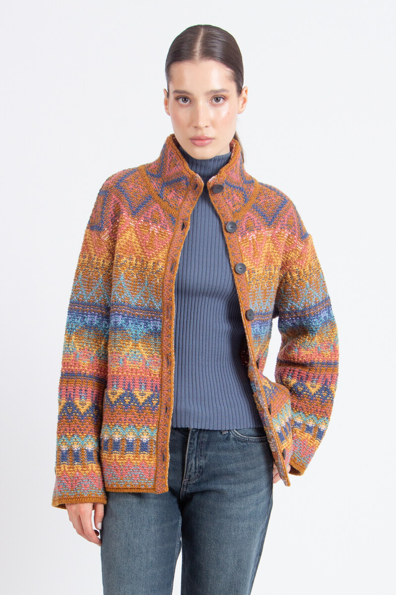 IVKO - Jacquard Roll-Neck Jacket Re-Dandy Pattern Almond | À Porter comme Veste Mi-Saison et Comme Gilet