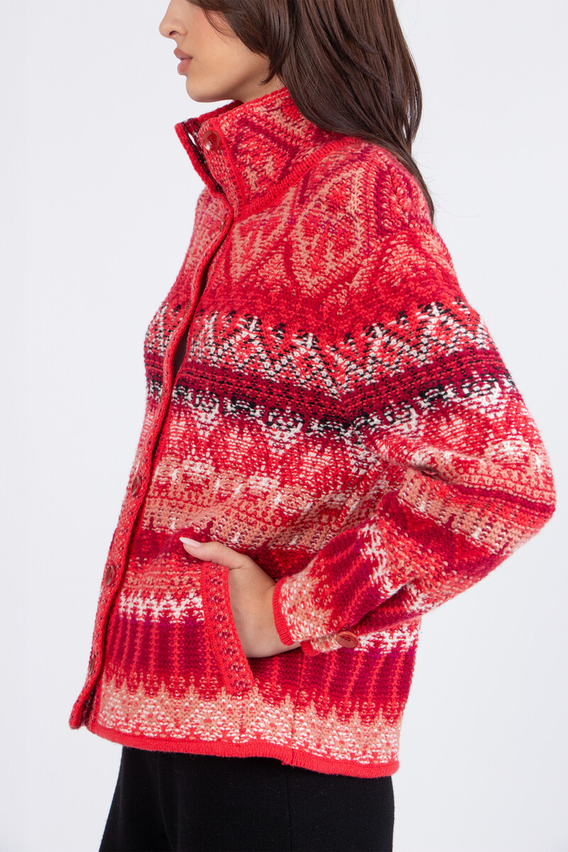 IVKO - Jacquard Roll-Neck Jacket Re-Dandy Pattern Coral | Zu Tragen als Übergangsjacke und als Strickjacke