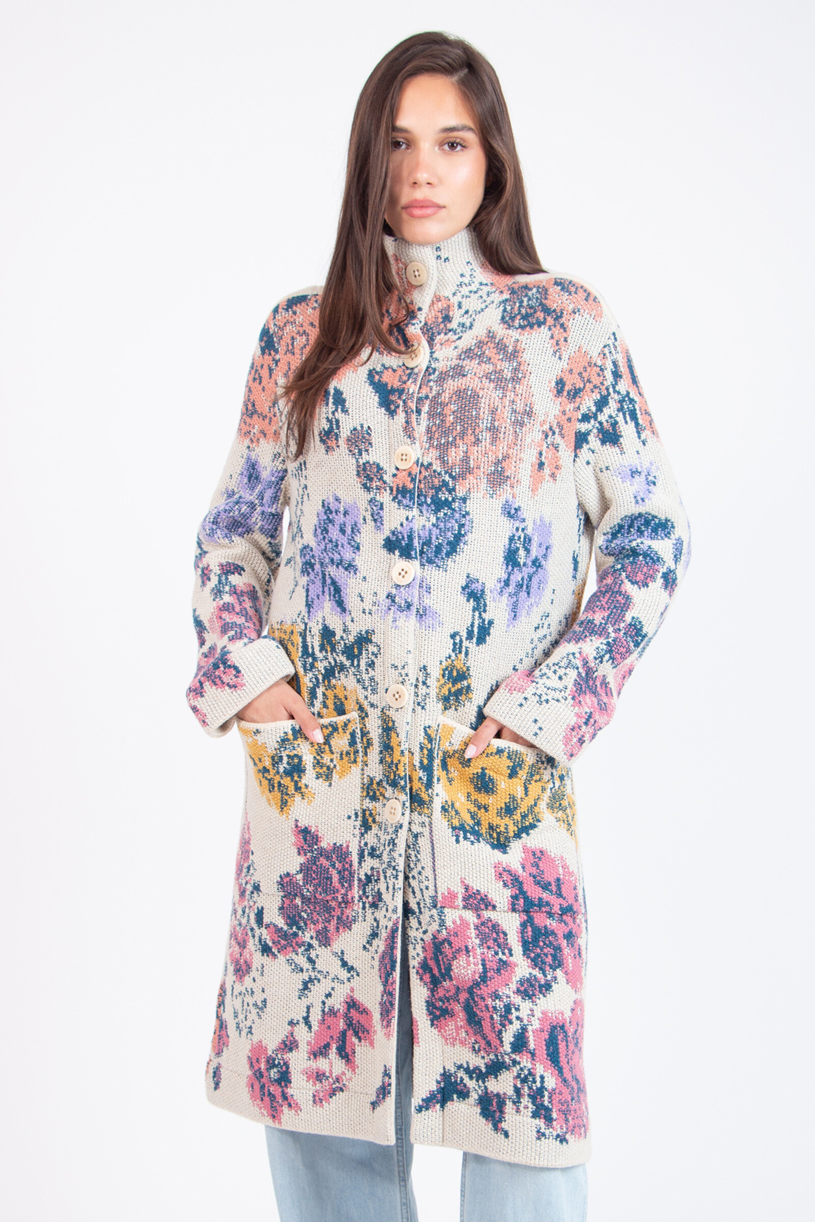 IVKO  Woman IVKO - Coat Furnishing Florals Pattern Off-White | Artistieke IVKO Mantel van Zachte Wolmix met Florale Charme