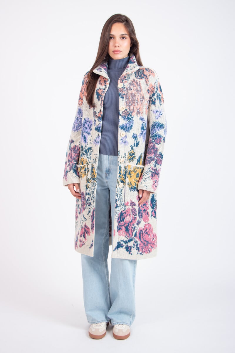 IVKO - Coat Furnishing Florals Pattern Off-White | Artistieke IVKO Mantel van Zachte Wolmix met Florale Charme