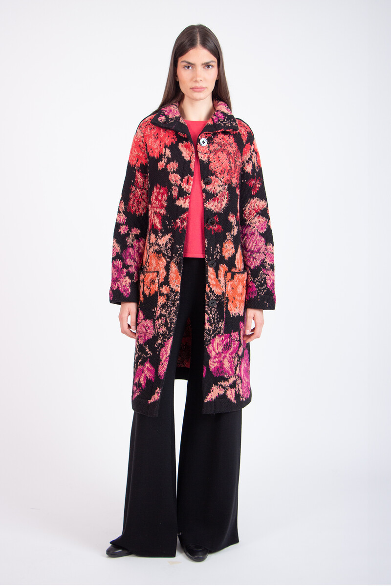 IVKO - Coat Furnishing Florals Pattern Chocolate Black | Artistieke IVKO Mantel van Zachte Wolmix met Florale Charme