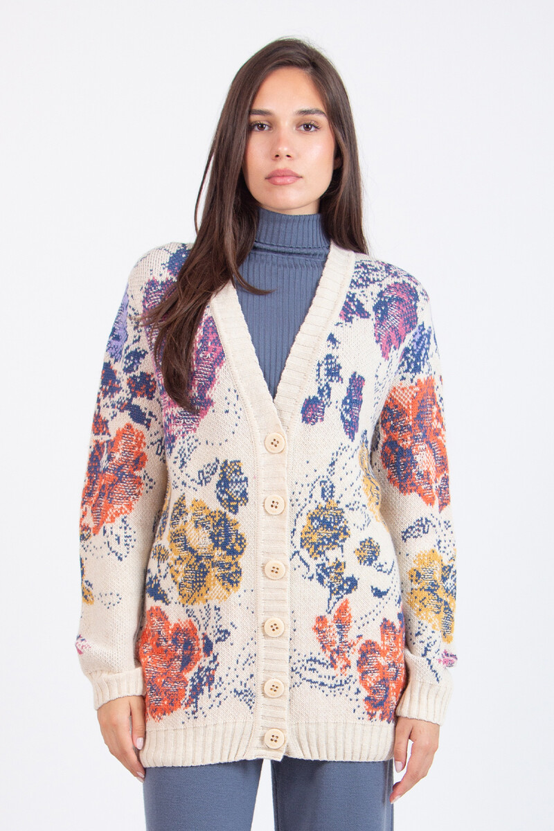 IVKO - Cardigan Furnishing Florals Pattern Off-White | Cream-Colored IVKO Cardigan with Floral Design