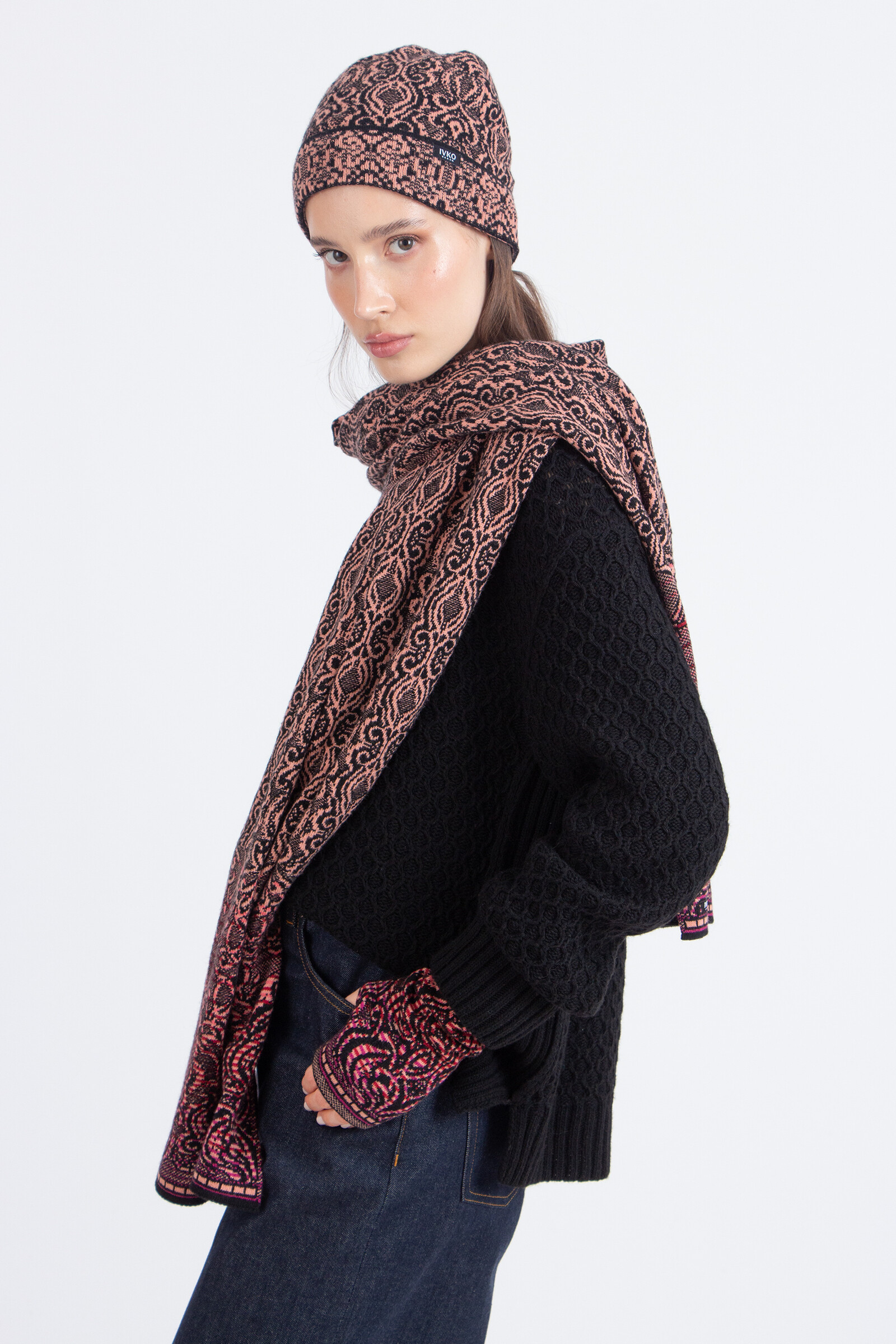 IVKO  Woman IVKO - Scarf Ornament Pattern Chocolate Black | Luxurious, Deep Brown IVKO Scarf