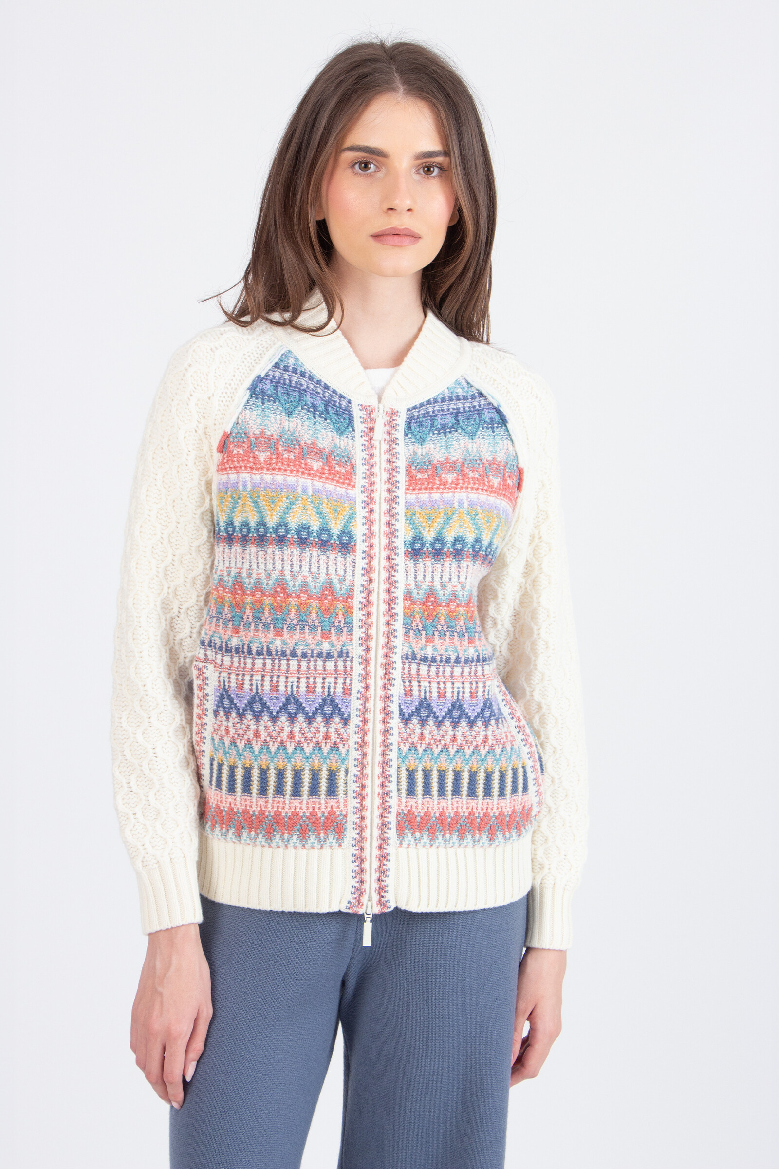 IVKO  Woman IVKO - Zip Jacket Re-Dandy Pattern Off-White | Zu Tragen als Übergangsjacke und als Strickjacke