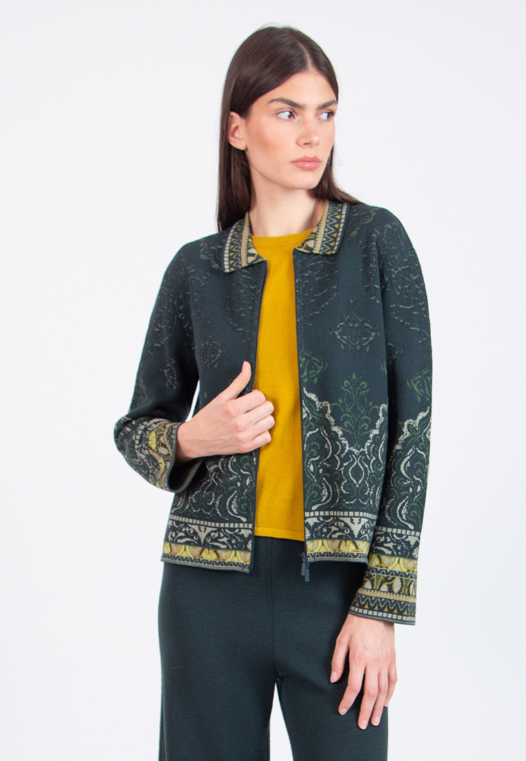 Veste Mi-longue IVKO En Coton - Motif Fleurs Intarsia Bleu-vert Aqua - Taille Normale - Printemps/automne
