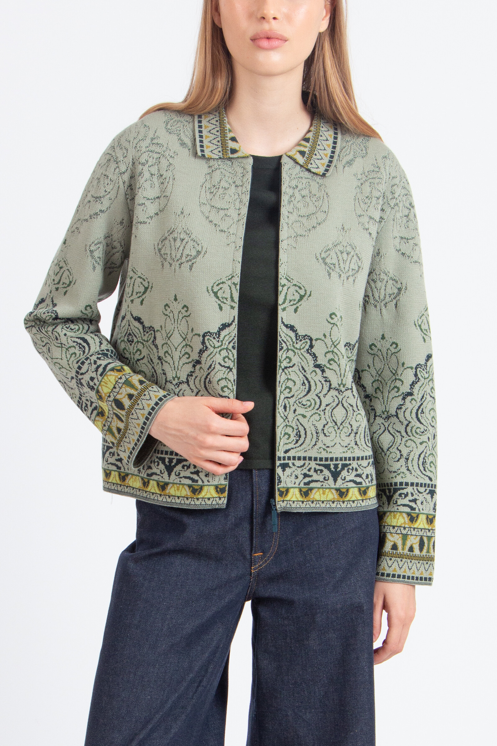 IVKO  Woman IVKO - Jacquard Jacket Ornament Pattern Salvia | Uitzonderlijk Mooi IVKO Jasje van 100% Wol
