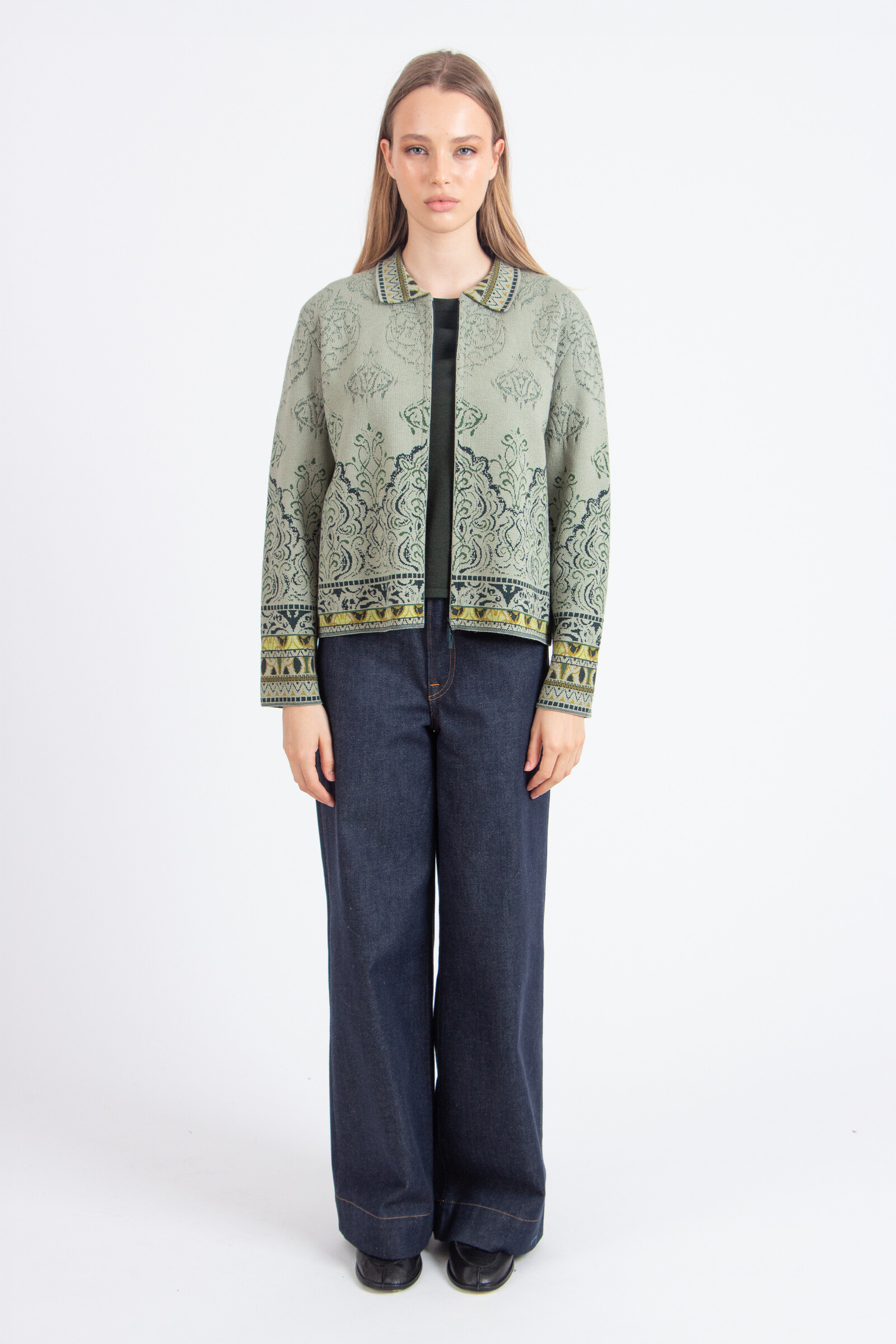 IVKO  Woman IVKO - Jacquard Jacket Ornament Pattern Salvia | Exceptionally Beautiful IVKO Jacket of 100% Wool