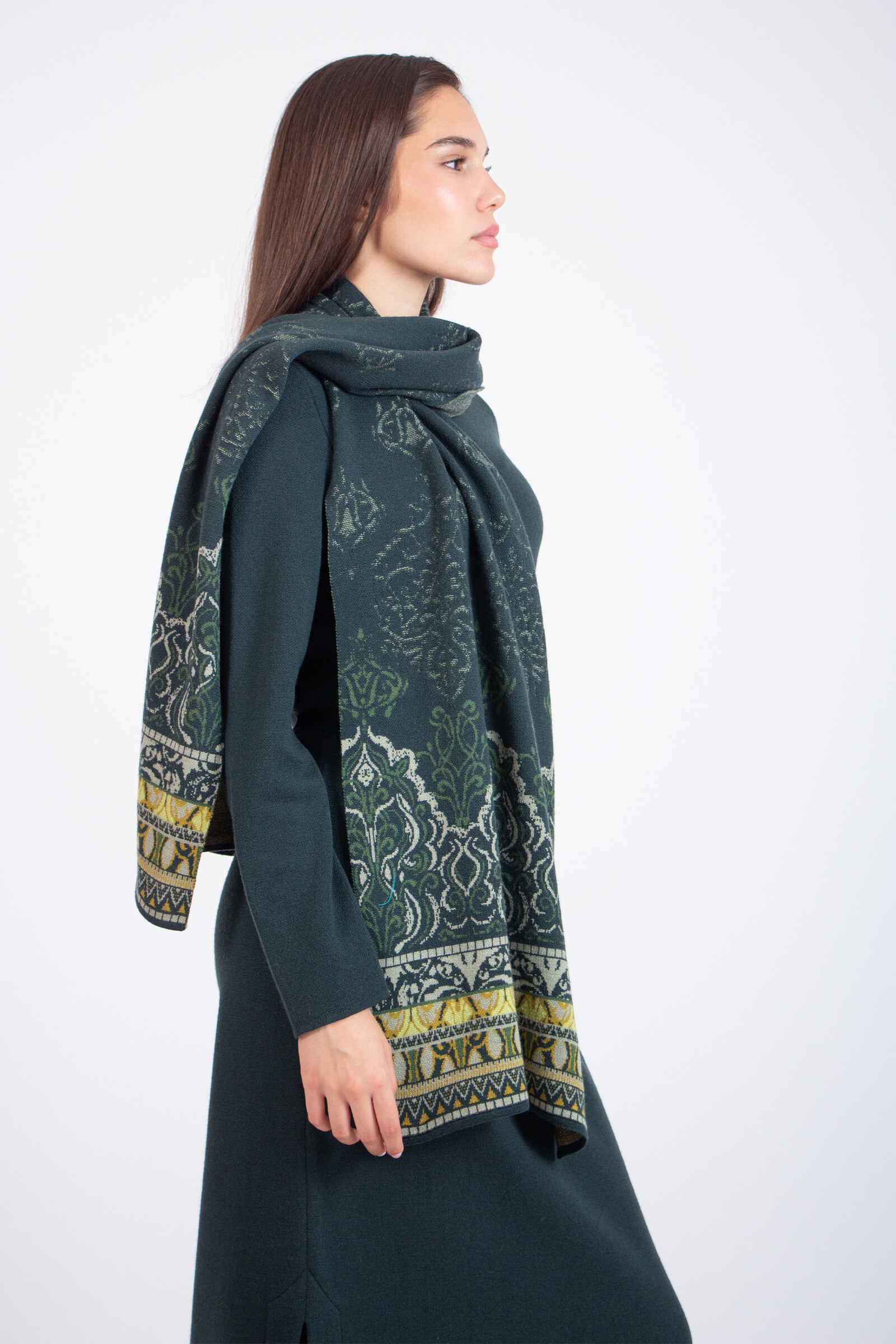 IVKO  Woman IVKO - Jacquard Scarf Ornament Pattern Forest | Forest Green IVKO Scarf of 100% Wool