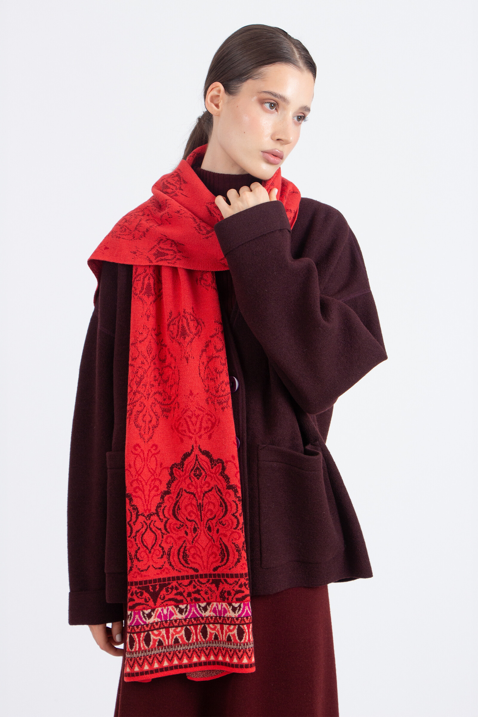 IVKO  Woman IVKO - Jacquard Scarf Ornament Pattern Coral | Coral Red IVKO Scarf of 100% Wool