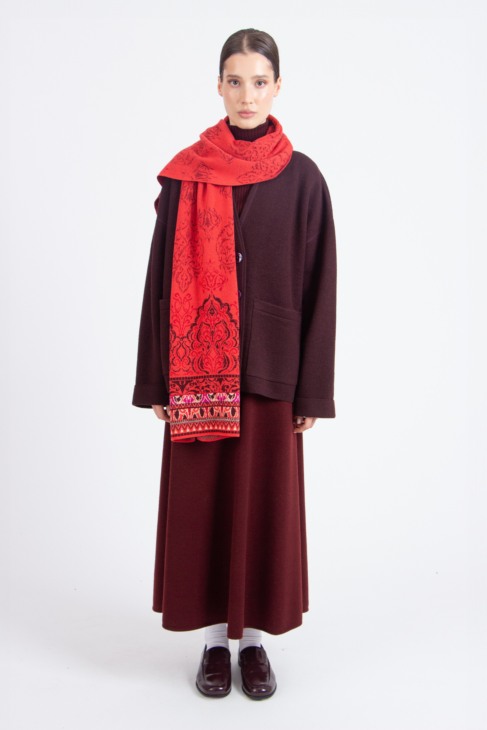 IVKO  Woman IVKO - Jacquard Scarf Ornament Pattern Coral | Coral Red IVKO Scarf of 100% Wool