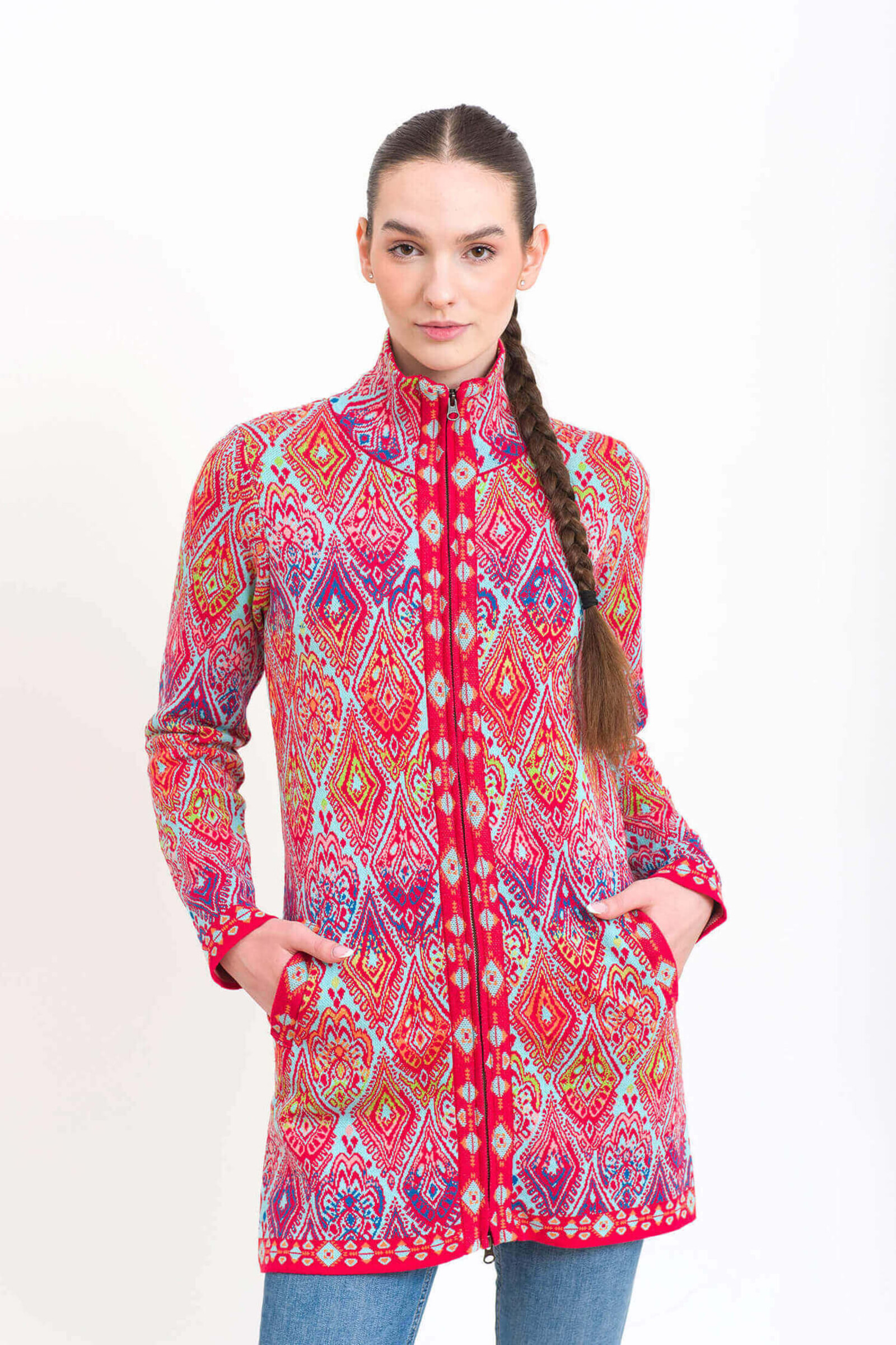 KOOI Knitwear KOOI Knitwear - Cardigan Flor Red | Speels KOOI Vest van 100% Biologisch Katoen