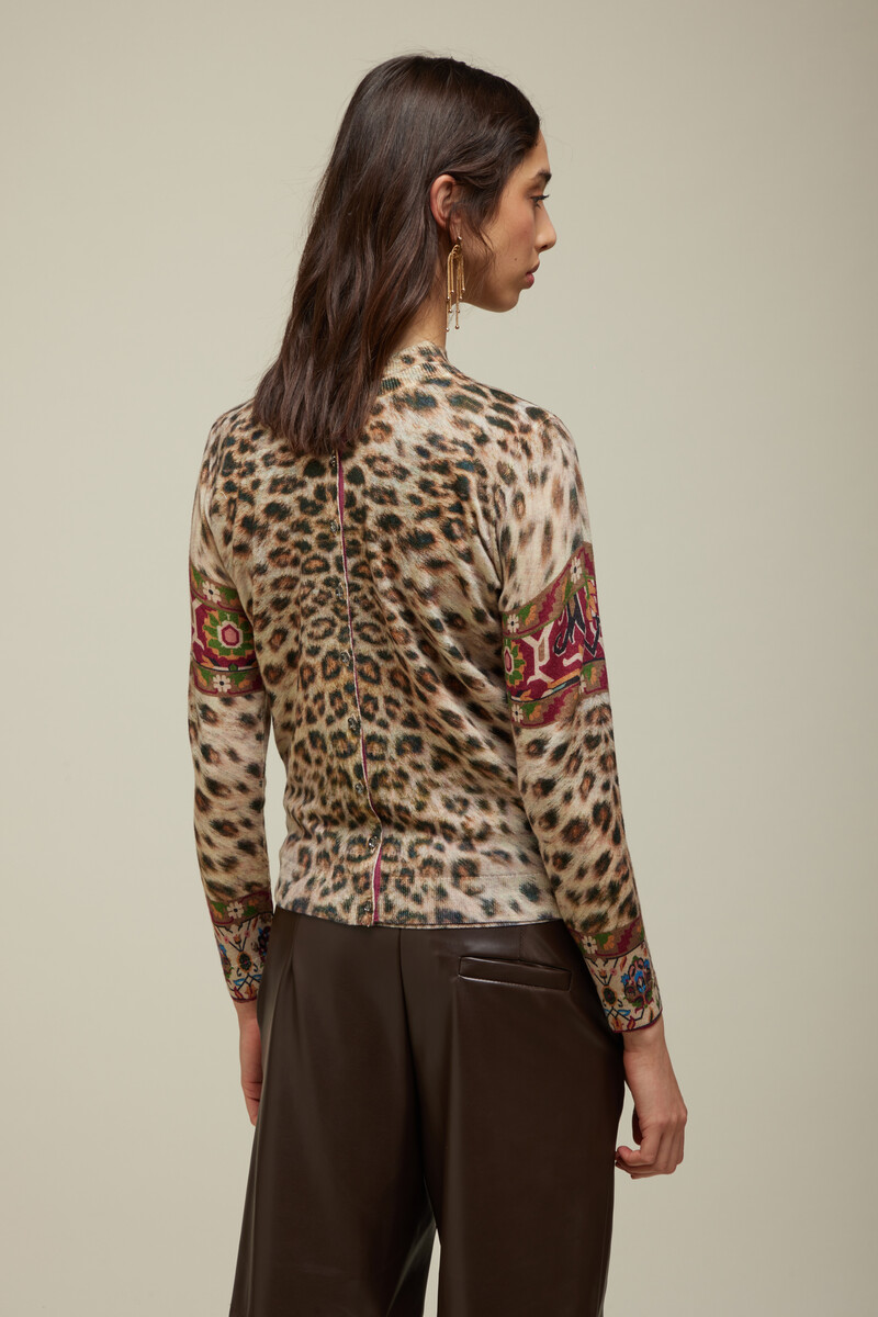 JEi'S Cardigan with Animalier Print Beige | Opvallend Vest van 100% Merinowol met Dierenprint