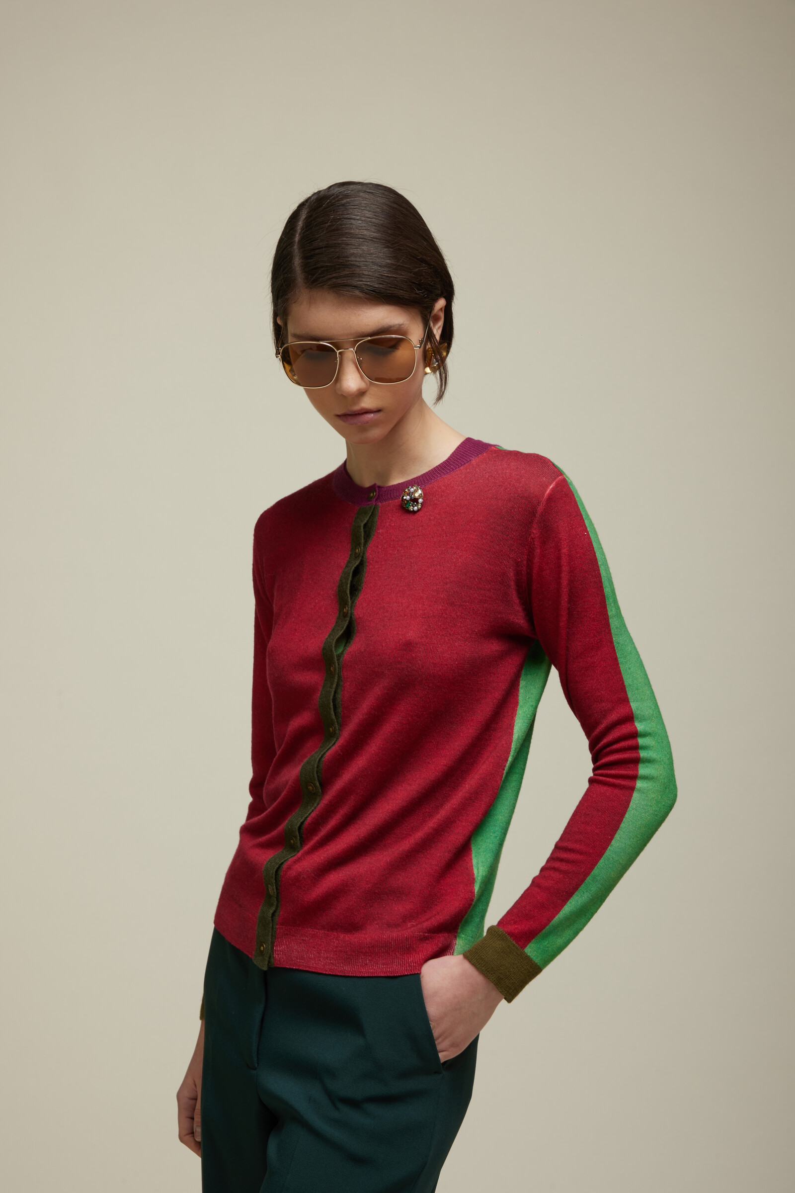 JEi'S JEi'S Cardigan with Bicolor Fake Solid Print Green Magenta | Gilet Raffiné en 100% Laine Mérinos en Rouge et Vert