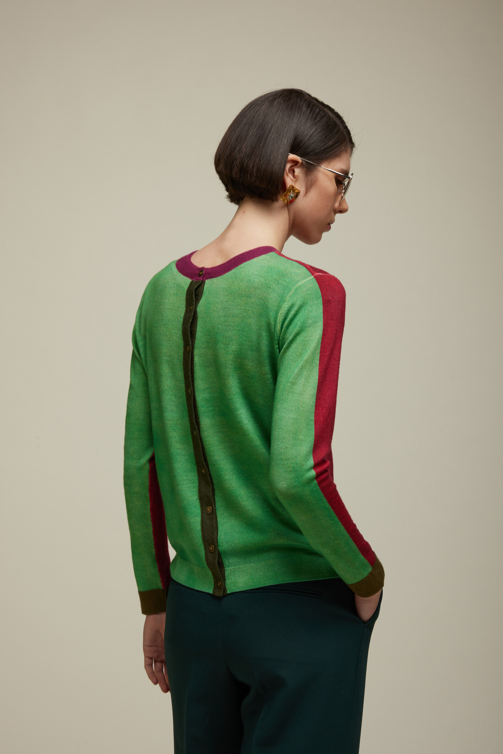 JEi'S JEi'S Cardigan with Bicolor Fake Solid Print Green Magenta | Gilet Raffiné en 100% Laine Mérinos en Rouge et Vert