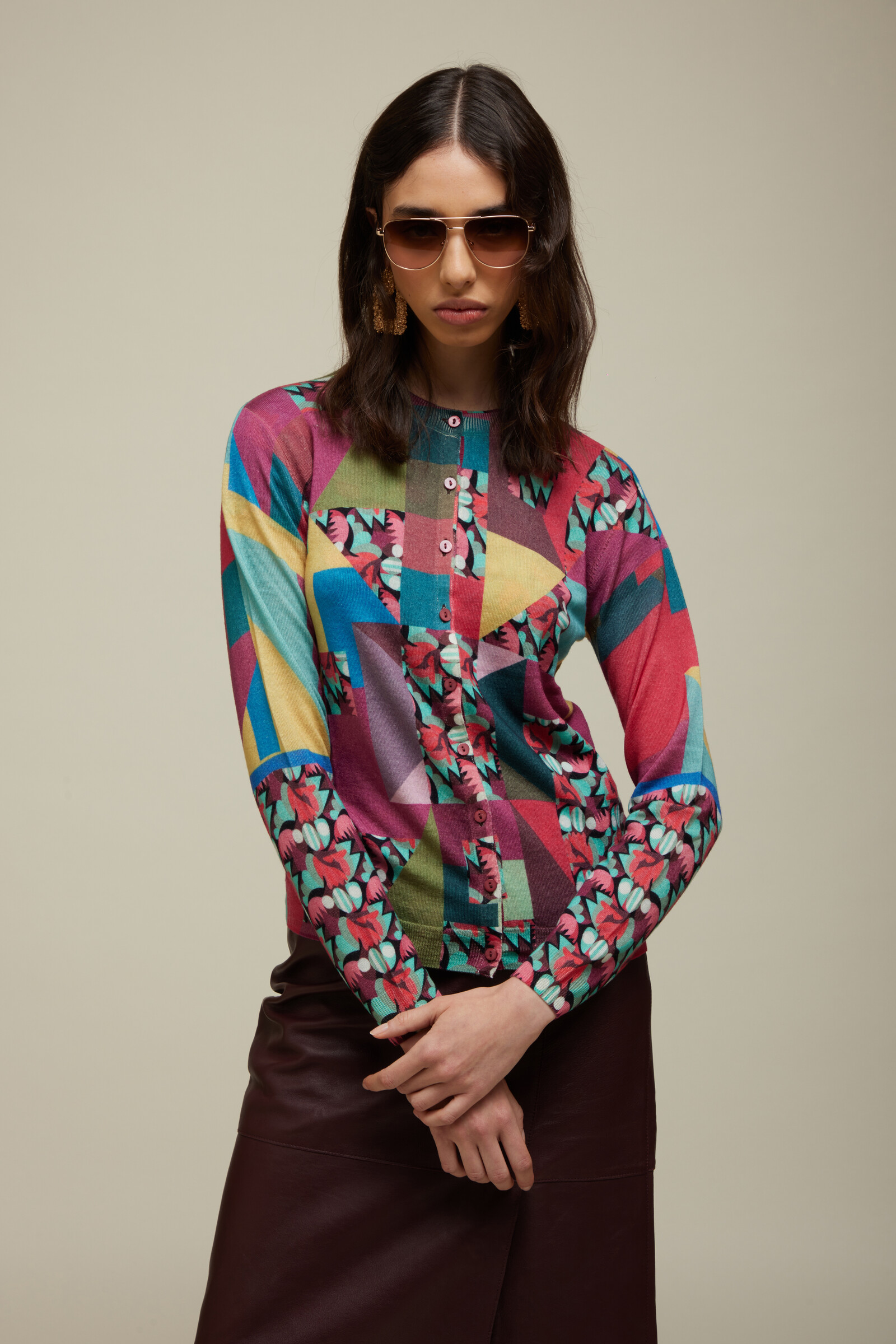 JEi'S JEi'S Cardigan with Patches and Flowers Print Ruby | Expressief Vest van 100% Merinowol met Patchwork en Bloemen