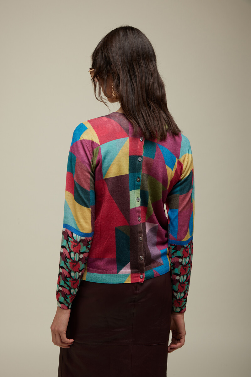 JEi'S Cardigan with Patches and Flowers Print Ruby | Expressief Vest van 100% Merinowol met Patchwork en Bloemen