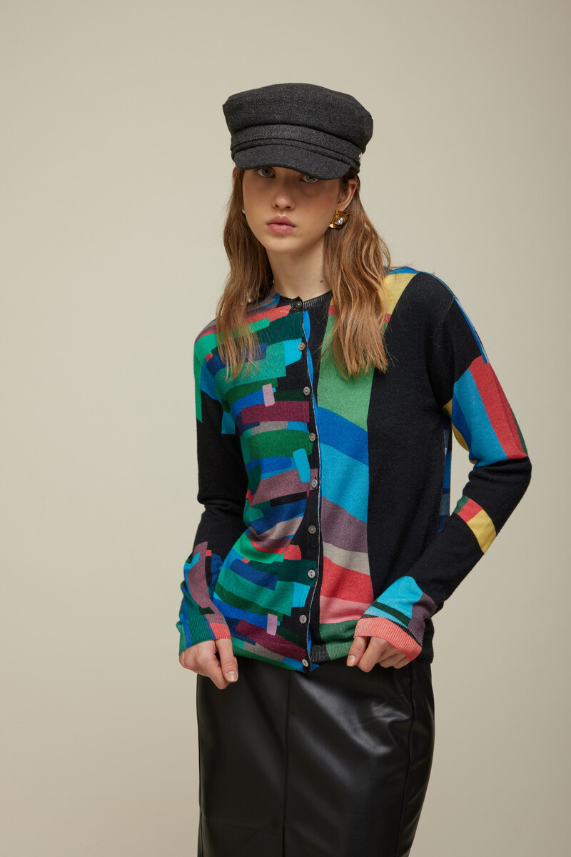 JEi'S Cardigan with Pop Print Black | Malerische Strickjacke aus 100% Merinowolle mit Pop Art Motiven