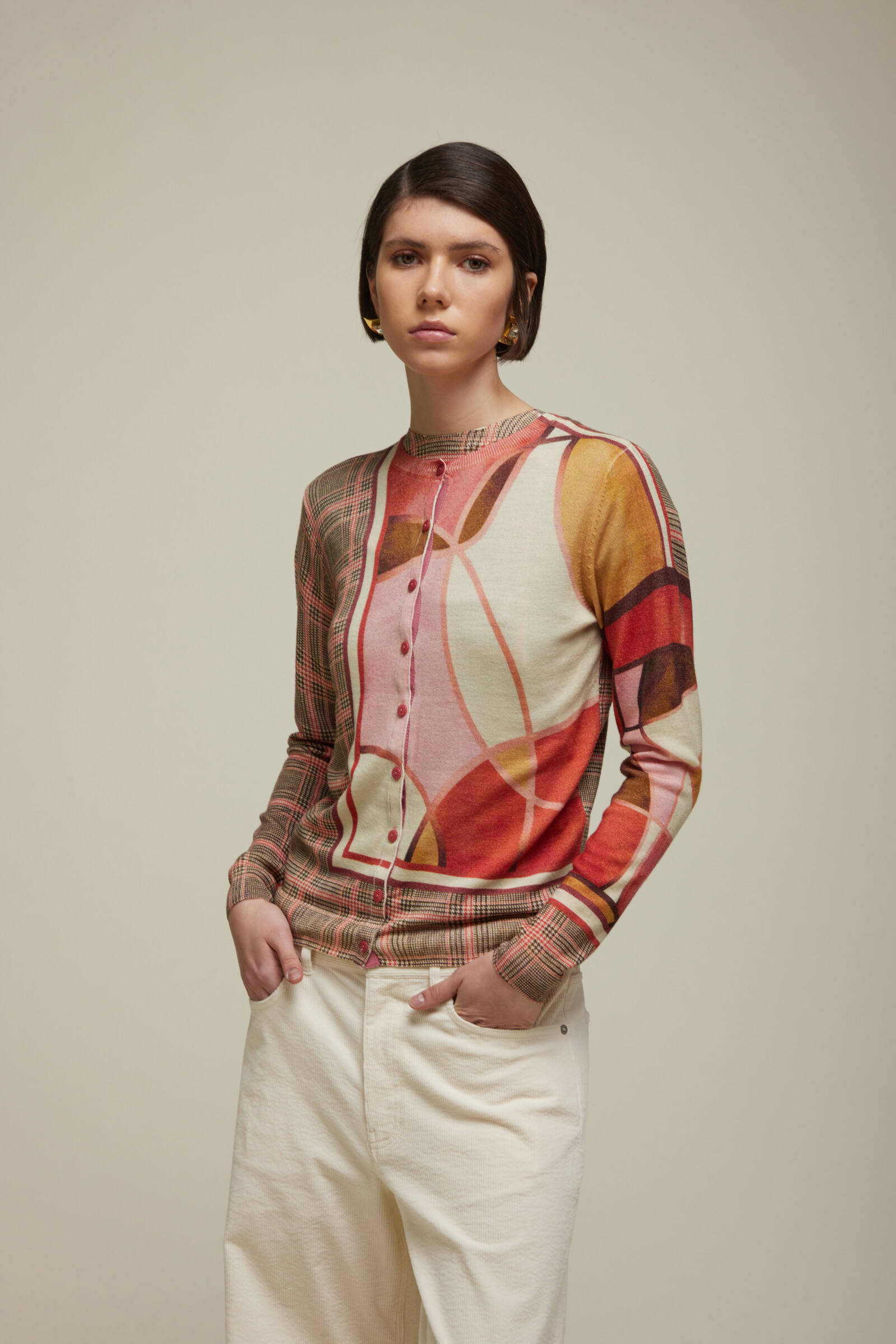 JEi'S JEi'S Cardigan with Glen Check Print Ruby | Speels Vest van 100% Merinowol met Ruit- en Kleurvakpatroon