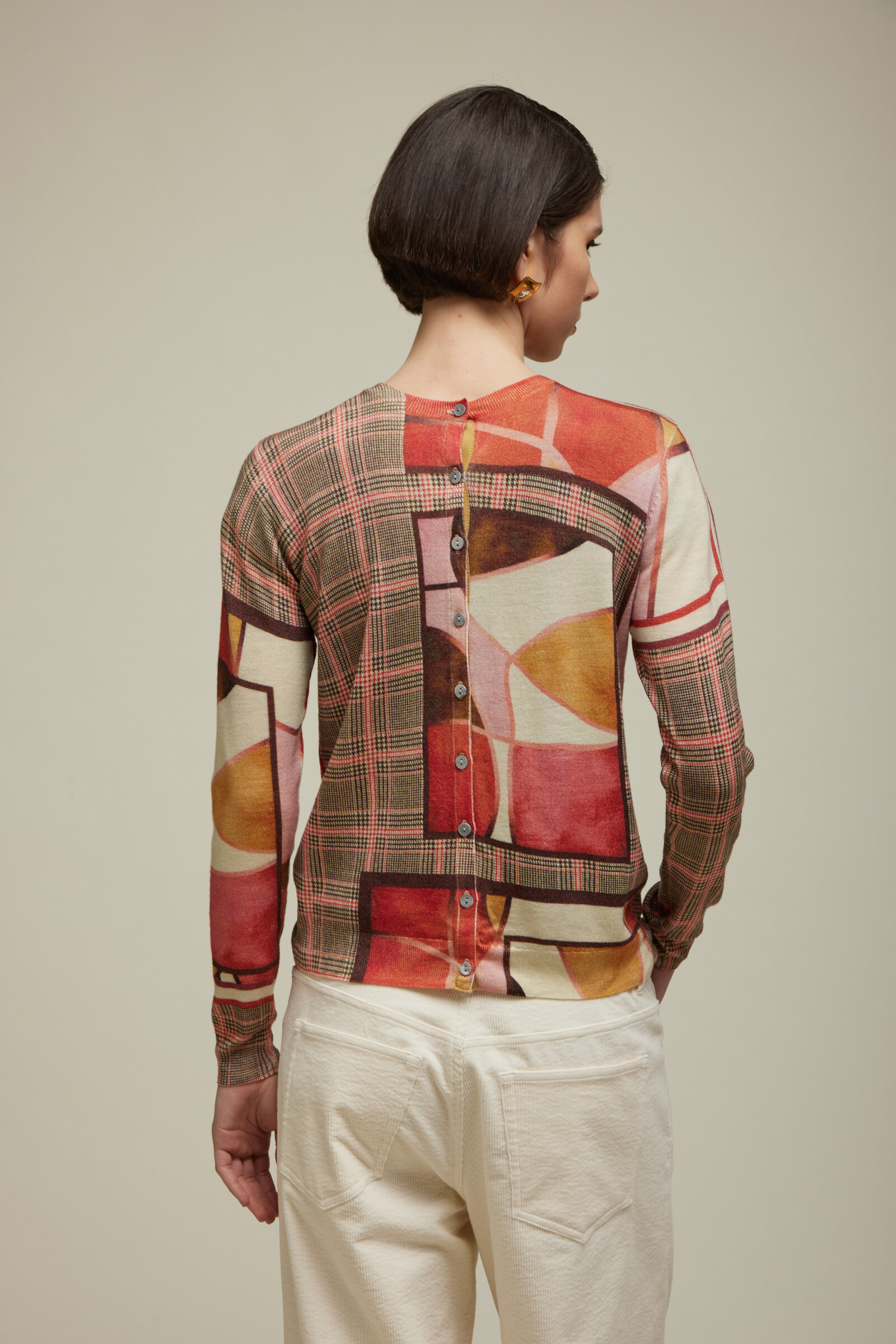 JEi'S JEi'S Cardigan with Glen Check Print Ruby | Speels Vest van 100% Merinowol met Ruit- en Kleurvakpatroon