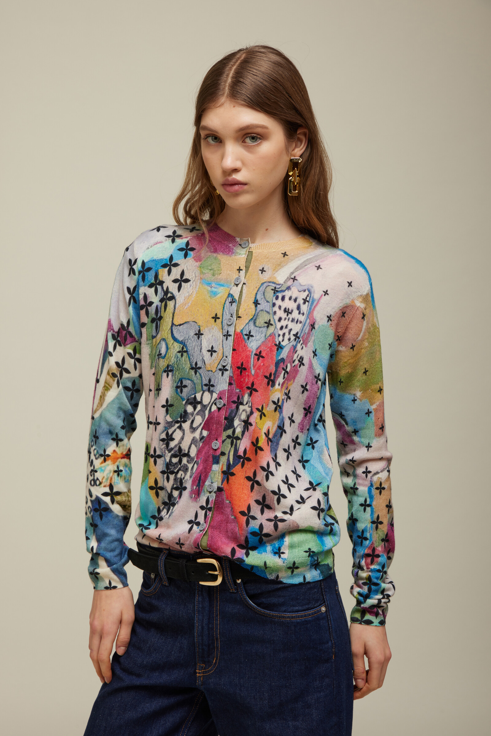 JEi'S JEi'S Cardigan with Art Print Multicolor | Versatile Cardigan of 100% Merino Wool with Color Palette