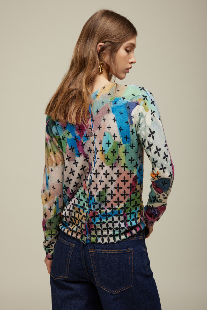 JEi'S Cardigan with Art Print Multicolor | Gilet Polyvalent en 100% Laine Mérinos avec Palette de Couleurs
