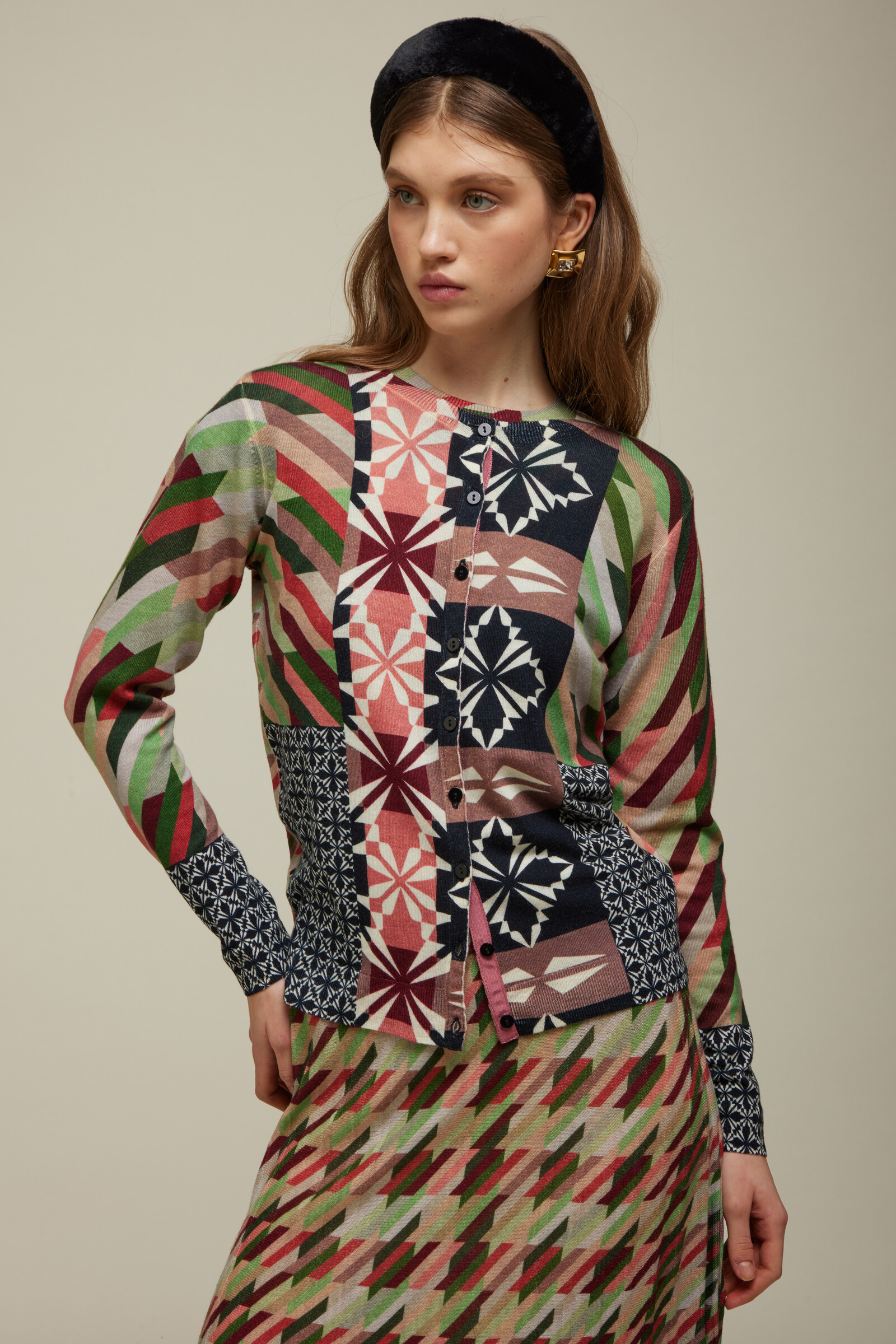 JEi'S JEi'S Cardigan with Houndstooth Print Fall | Levendig Vest van 100% Merinowol met Pied-de-Poule Patroon