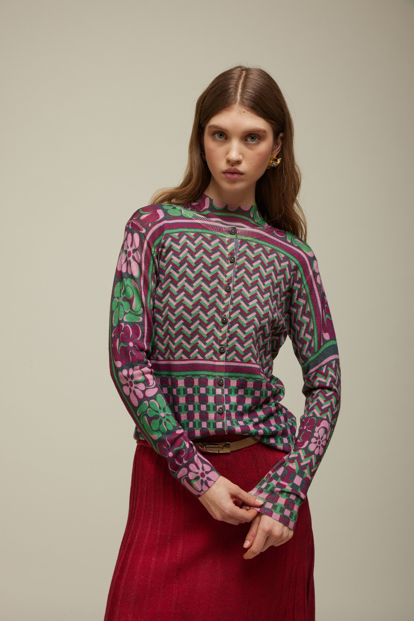 JEi'S JEi'S Cardigan with Ties Print Burgundy | Charmant Vest van 100% Merinowol met Bordeaux- en Groentinten